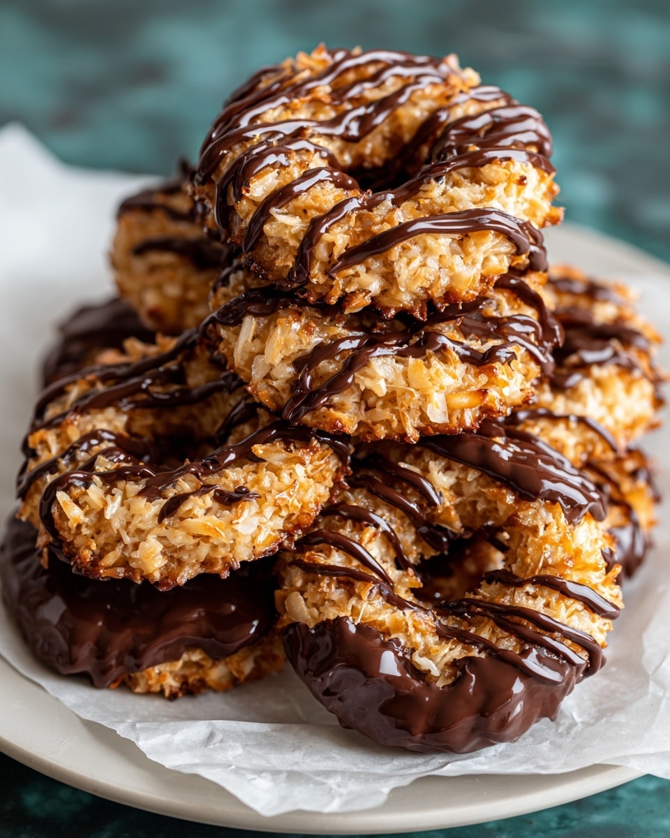 The image shows a pile of round cookies with a rough texture from toasted coconut, each cookie shaped with a hole in the middle like a small ring. The cookies are light golden brown with slightly darker burnt edges. They are drizzled with smooth, shiny dark chocolate in diagonal lines across the top and dipped in chocolate on the bottom edges. These cookies rest on a layer of white parchment paper inside a white plate with a scalloped edge, set against a white marbled texture background. photo taken with an iphone --ar 4:5 --v 7
