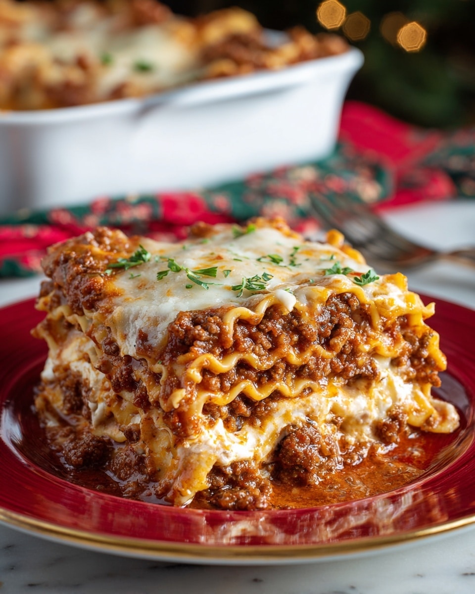 A thick square piece of lasagna sits on a white plate with a shiny red rim, showing about six layers. The bottom layer is creamy white cheese, above it a rich brown meat sauce, then wavy light golden pasta sheets, followed by another smooth white cheese layer. This pattern repeats with the top layer covered in melted white cheese sprinkled with small green herbs. The edges are slightly browned and bubbly, with sauce oozing out a little. The background includes a festive red and green cloth on top of a wooden table and a blurred white baking dish filled with more lasagna. photo taken with an iphone --ar 4:5 --v 7