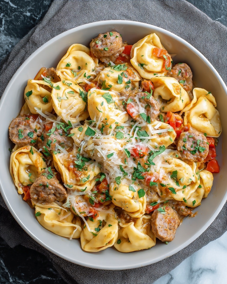 A deep white bowl filled with a dish of tortellini pasta, each piece small and round with a smooth, pale yellow dough. Mixed throughout are slices of browned sausage with a coarse texture, as well as small chunks of red bell pepper and bits of onion adding more color and texture. The whole dish is topped with melted shredded cheese that is pale yellow and white, slightly stretchy and creamy, and sprinkled with fresh green chopped herbs. The bowl sits on a gray cloth, all placed on a white marbled surface. photo taken with an iphone --ar 4:5 --v 7