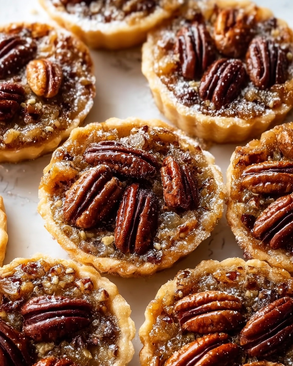A close-up view of several small pecan tarts arranged closely on a white marbled surface, each tart showing a golden, crisp crust with a rich, glossy filling that appears sticky and textured with finely chopped nuts. Whole pecan halves are placed on top in a neat pattern, dark brown and shiny with a slightly rough surface. The filling underneath the pecans is lighter brown with a crunchy texture, visible small bits, and a caramel-like sheen. The tarts are round with a slight rise at the edges of the crust, and a light dusting of powdered sugar adds a soft white contrast on top. photo taken with an iphone --ar 4:5 --v 7