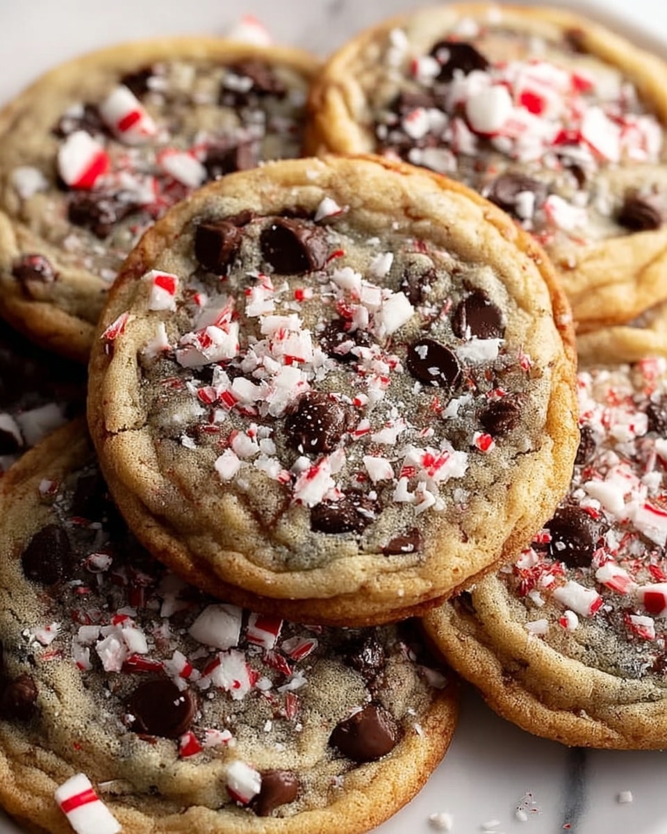 A close-up image of several warm, round chocolate chip cookies stacked closely together on a white marbled surface. Each cookie has a golden brown edge with a soft, light brown center filled with dark, glossy chocolate chunks and sprinkled generously with crushed white and red peppermint candy pieces. The texture looks slightly chewy with melted chocolate melting into the dough, and the crushed candy bits add a crunchy contrast on top. photo taken with an iphone --ar 4:5 --v 7