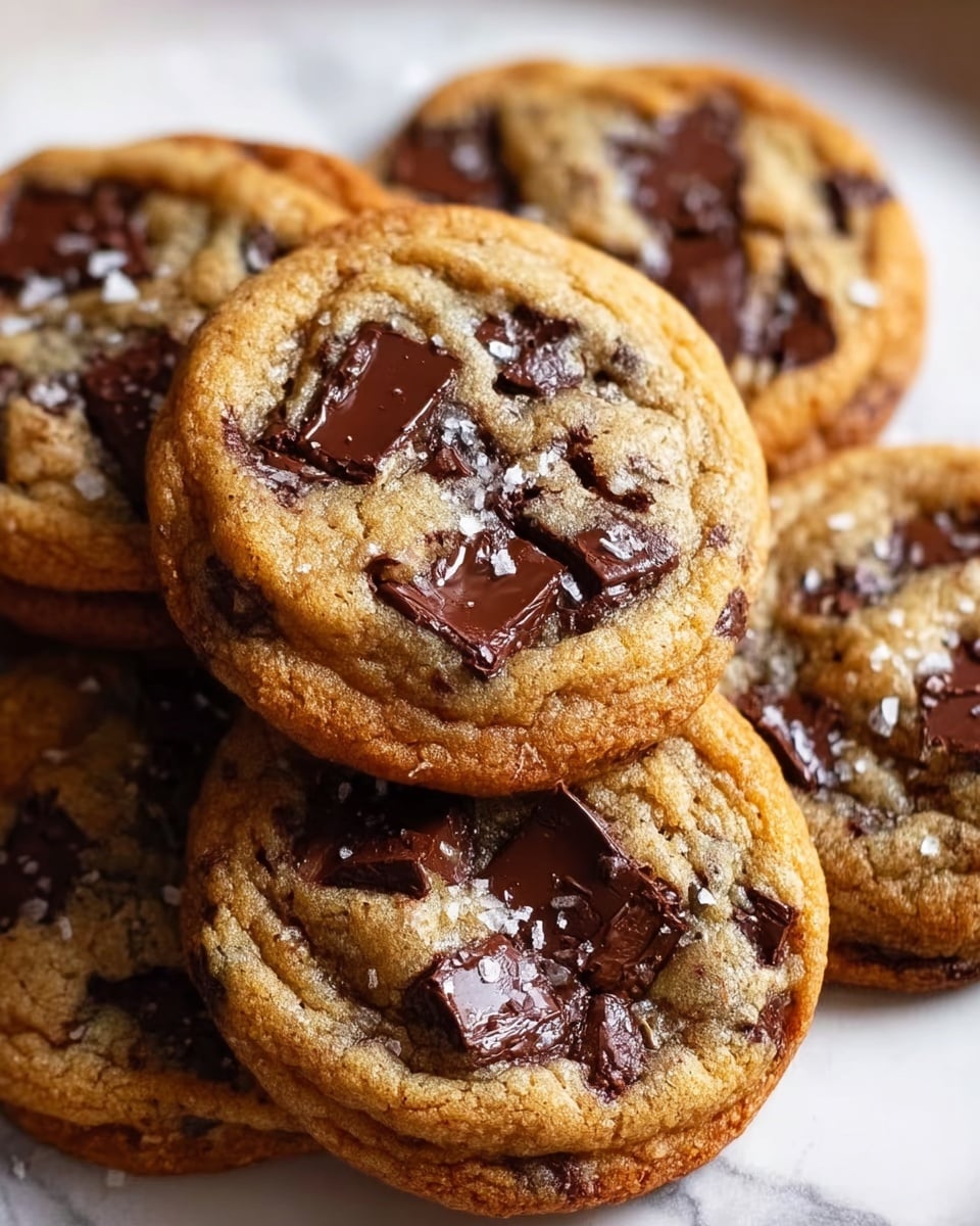A close-up of a stack of six soft chocolate chip cookies with golden brown edges and slightly cracked surfaces, showing gooey, melted dark chocolate chunks scattered on top and inside each cookie; some salted flakes are lightly sprinkled over the cookies, adding texture and contrast. The cookies are arranged in a slightly overlapping way on a white marbled surface, creating a warm, inviting look. photo taken with an iphone --ar 4:5 --v 7