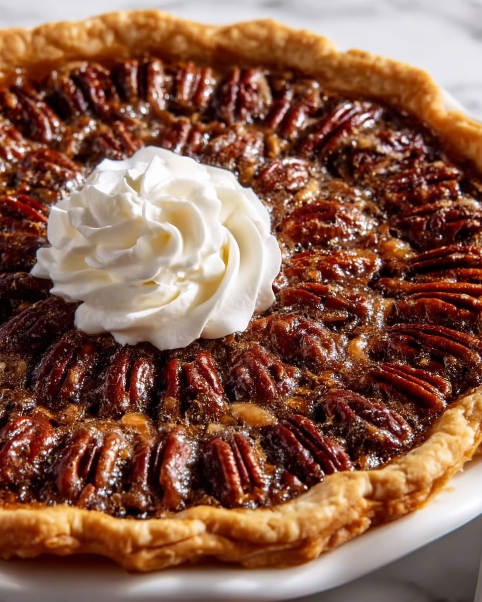 A close-up view of a pecan pie on a white plate, sitting on a white marbled surface. The pie has a golden brown crust that is thick and slightly crimped on the edges. Inside, there is a sticky, dark caramel filling that looks shiny and gooey, studded with many toasted pecan halves arranged closely in neat concentric circles. On top and in the center of the pie is a swirl of white whipped cream adding a soft contrast to the darker pie. Photo taken with an iphone --ar 4:5 --v 7
