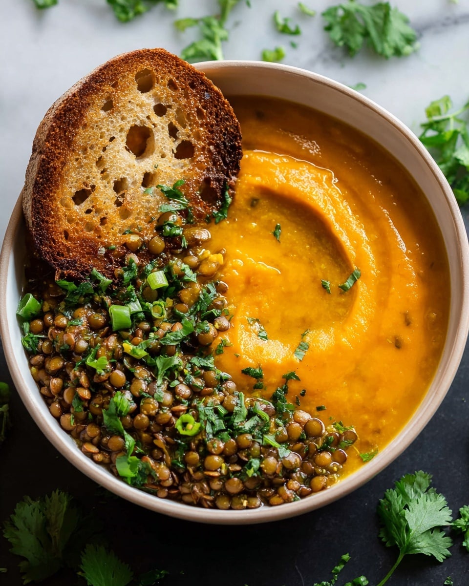 In a white bowl, there is a dish with two main layers side by side. On one side, a thick, smooth, bright orange soup or puree fills half the bowl with a creamy texture and a slight swirl visible on the surface. On the other side, there is a layer of small cooked green lentils mixed with fresh green herbs, giving a textured and slightly moist appearance. The lentils are sprinkled with chopped green onions and fresh cilantro. Resting on the edge where the soup and lentils meet is a round toasted slice of bread with a golden-brown, crispy surface and small holes. The bowl sits on a white marbled surface, and some scattered cilantro leaves are around it. photo taken with an iphone --ar 4:5 --v 7
