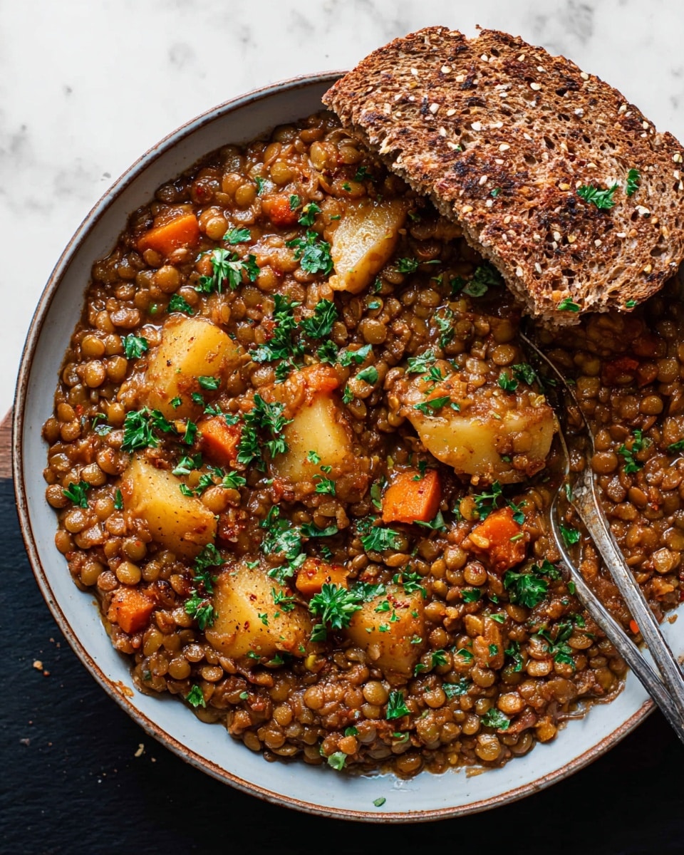 A deep white bowl filled with a thick lentil stew that has a rich brown color and a chunky texture. The stew includes soft, golden potato pieces and small orange carrot chunks, all mixed with cooked lentils that create a hearty, dense layer across the bowl. Bright green parsley leaves are scattered on top, adding a fresh splash of color. A piece of seeded whole grain bread with a toasted brown crust rests partially dipped into the stew on the right side. A silver spoon is partly submerged in the stew on the bottom right, resting on the edge of the bowl. The bowl sits on a white marbled surface. photo taken with an iphone --ar 4:5 --v 7