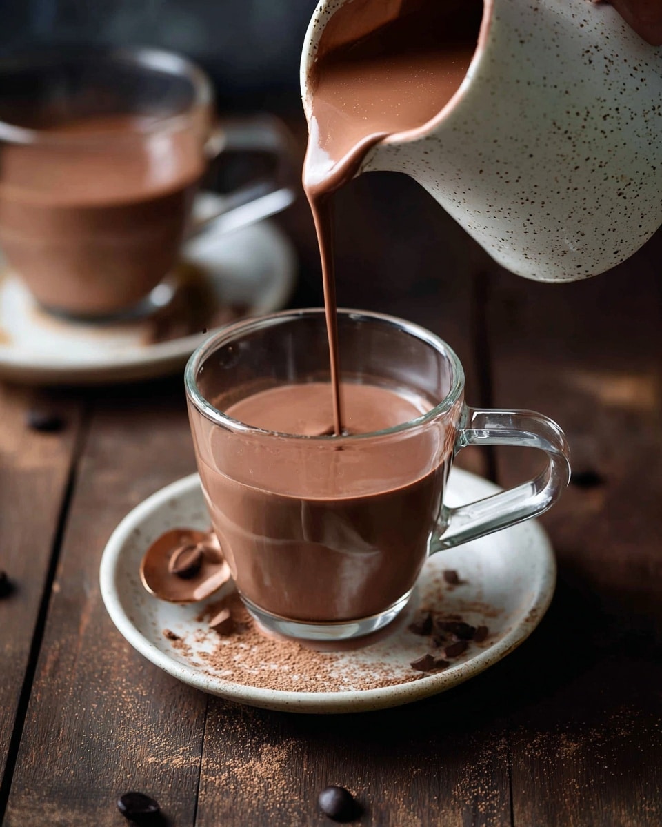 A clear glass cup sits on a white saucer, filled with a smooth, rich brown hot chocolate that is being poured from a speckled white jug held by a woman's hand in the top right corner. The hot chocolate has a thick, creamy texture with a shiny surface. Behind the cup, another glass cup filled with the same brown hot chocolate rests on a white saucer. The setting is on a dark, rustic wooden table with a few dark coffee beans scattered around. photo taken with an iphone --ar 4:5 --v 7