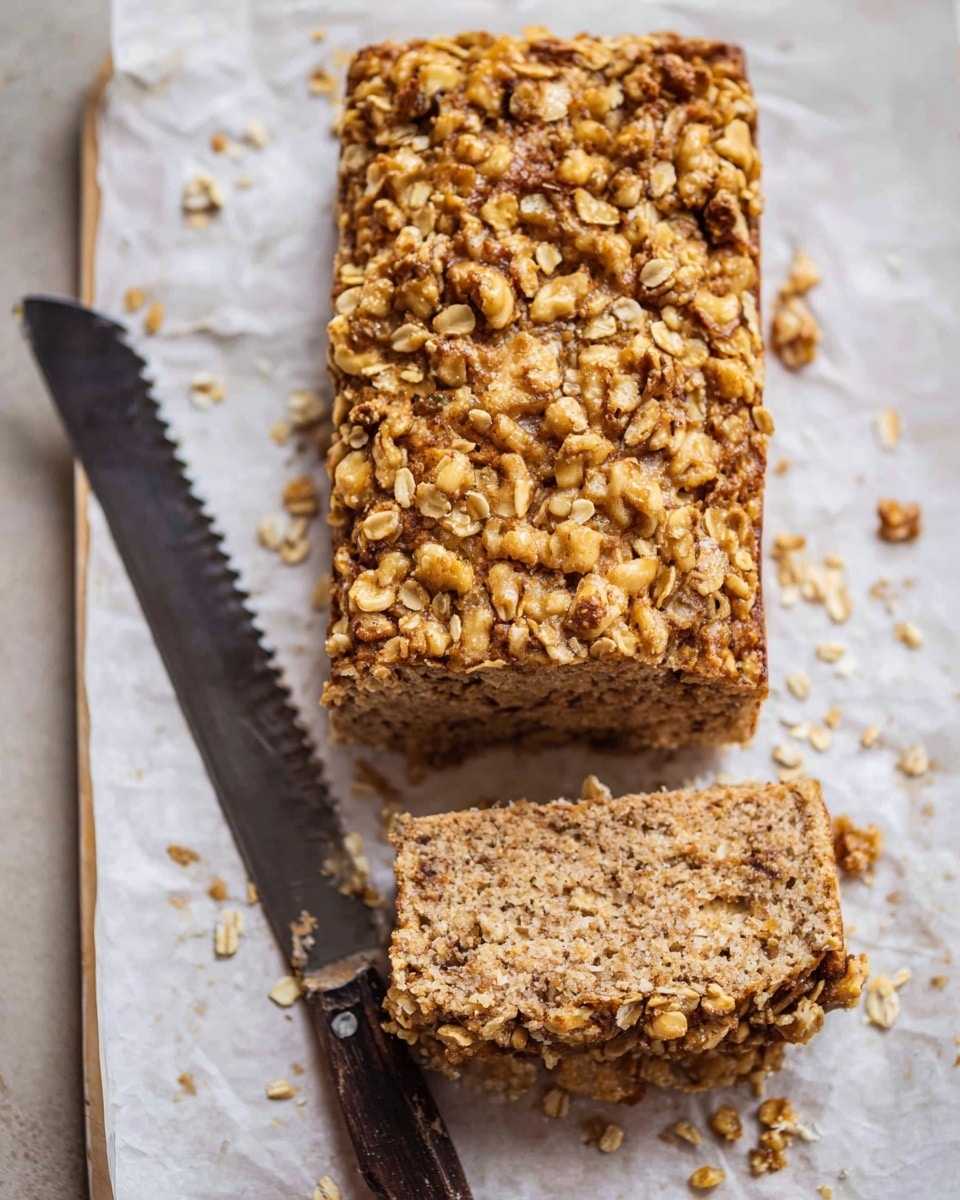 A rectangular oat and nut loaf placed on white parchment with a white marbled texture underneath, showing one thick slice cut from the front. The loaf has two layers: a bottom dense, light brown cake-like base mixed with small bits of nuts or grains, and a top crunchy layer of golden oats and nuts tightly packed and clinging together. Some oat clusters and crumbs are scattered around the loaf. A serrated knife with a dark handle is positioned diagonally on the bottom left, partly under the sliced piece. Photo taken with an iphone --ar 4:5 --v 7