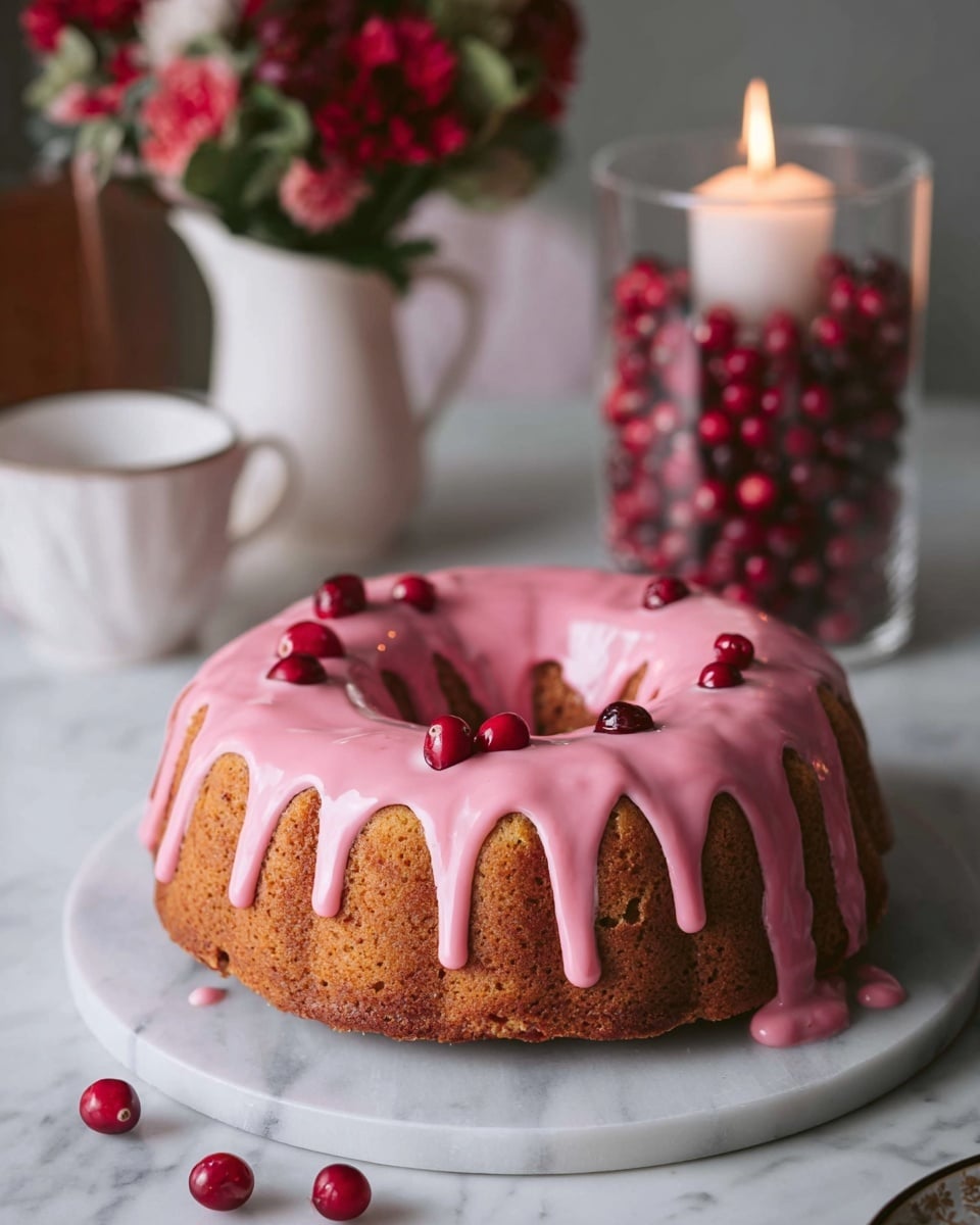 The image shows a round bundt cake with a golden brown color base and a thick layer of smooth pink icing dripping down from the top, forming uneven drips around the sides. The cake sits on a white marble cake stand. In the background, there is a clear glass candle holder filled halfway with bright red berries and a white candle lit inside, as well as a small white pitcher and a vase with red and green flowers, all placed on a white marbled surface. Photo taken with an iphone --ar 4:5 --v 7