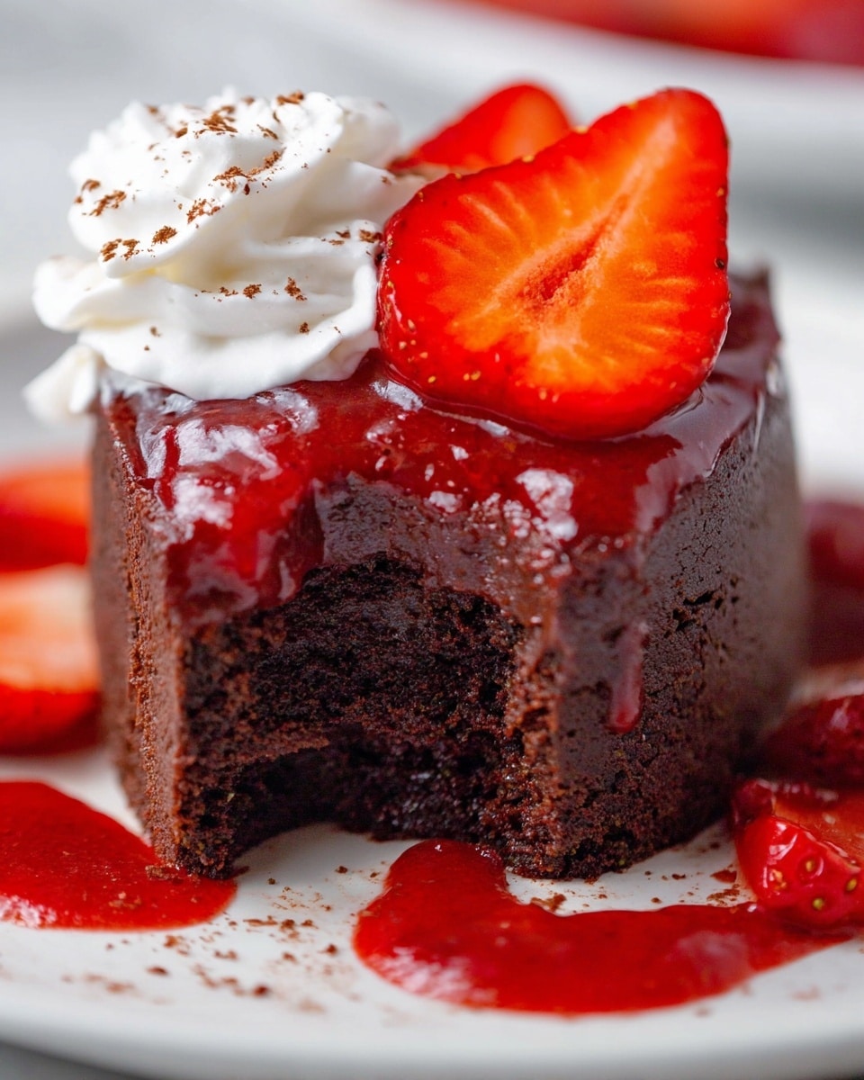 This image shows a thick slice of dark brown chocolate cake with a moist texture sitting on a white plate. The cake has one main layer covered in glossy, bright red strawberry sauce that drips down the sides. On top, there are two fresh, shiny strawberry slices arranged beside a small swirl of white whipped cream sprinkled lightly with brown cocoa powder. The sauce pools slightly on the white marbled surface under the plate, and a piece of cake has been cut out with visible crumbs around it. Photo taken with an iphone --ar 4:5 --v 7