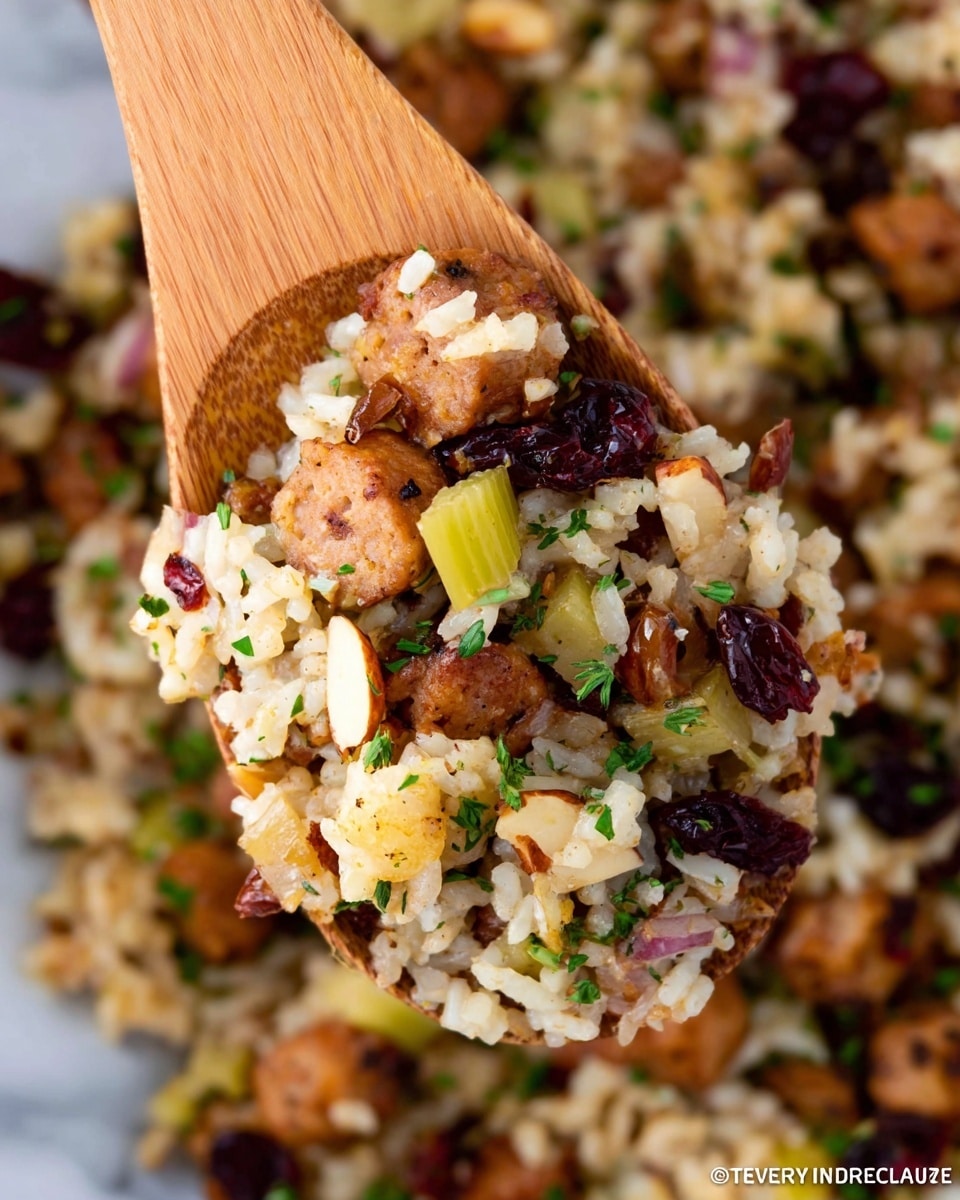 The image shows a single-layer dish inside a white rectangular baking dish filled with a mix of rice, small cooked shrimp, chopped nuts, and dried cranberries. The rice is light brown with visible herbs sprinkled throughout, giving a speckled green color. Shrimp pieces have an orange-golden cooked look, scattered evenly on top and within the rice. White sliced almonds are sprinkled across the surface, along with pieces of chopped walnuts and some finely chopped green herbs. The mix has a textured, slightly glossy appearance suggesting it is well-cooked and moist. The background surface is white marble with veining. photo taken with an iphone --ar 4:5 --v 7
