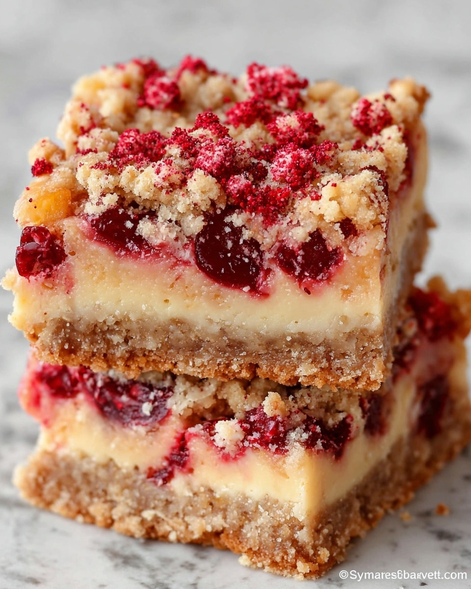 The image shows a close-up of several square pieces of a crumbly dessert bar stacked gently. Each piece has three distinct layers: the bottom layer is a thick, golden-brown crust that looks dense and slightly textured, the middle layer is a vibrant red berry filling with whole and crushed berries adding a juicy, glossy texture, and the top layer is a crumbly, light beige streusel topping scattered unevenly with small berry pieces peeking through. The bars are set against a white marbled surface, creating a clean and bright background for the colorful dessert. photo taken with an iphone --ar 4:5 --v 7