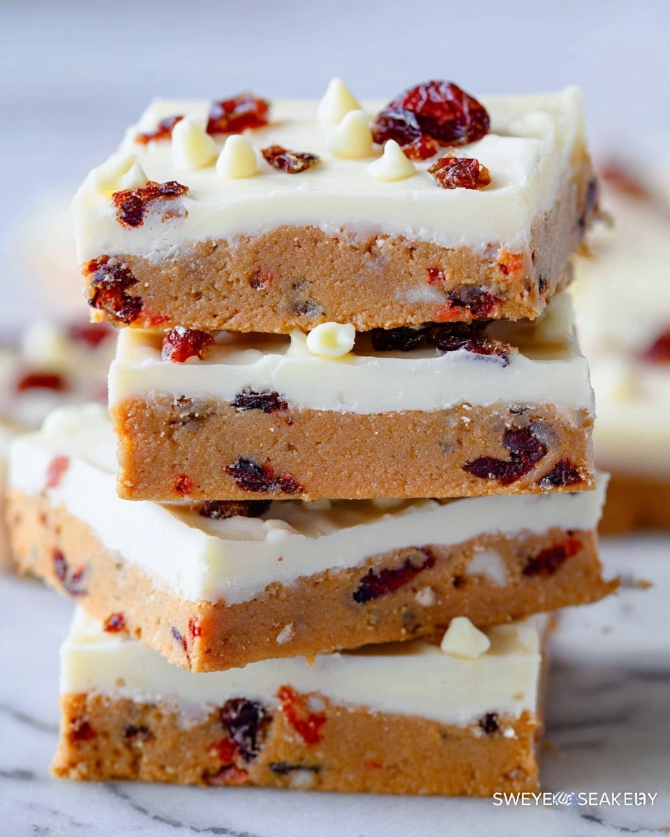 The image shows a close-up of a thick bar cut into a triangle shape with two clear layers: the bottom layer is golden brown with a chewy texture and visible white chunks inside, the top layer is a smooth and creamy white frosting. Scattered on top are small dark red pieces and a drizzle of white chocolate, adding texture and color contrast. The bars are placed on a white marbled surface, with one bar being held slightly tilted by a woman's hand, highlighting its thickness and layers. Photo taken with an iphone --ar 4:5 --v 7