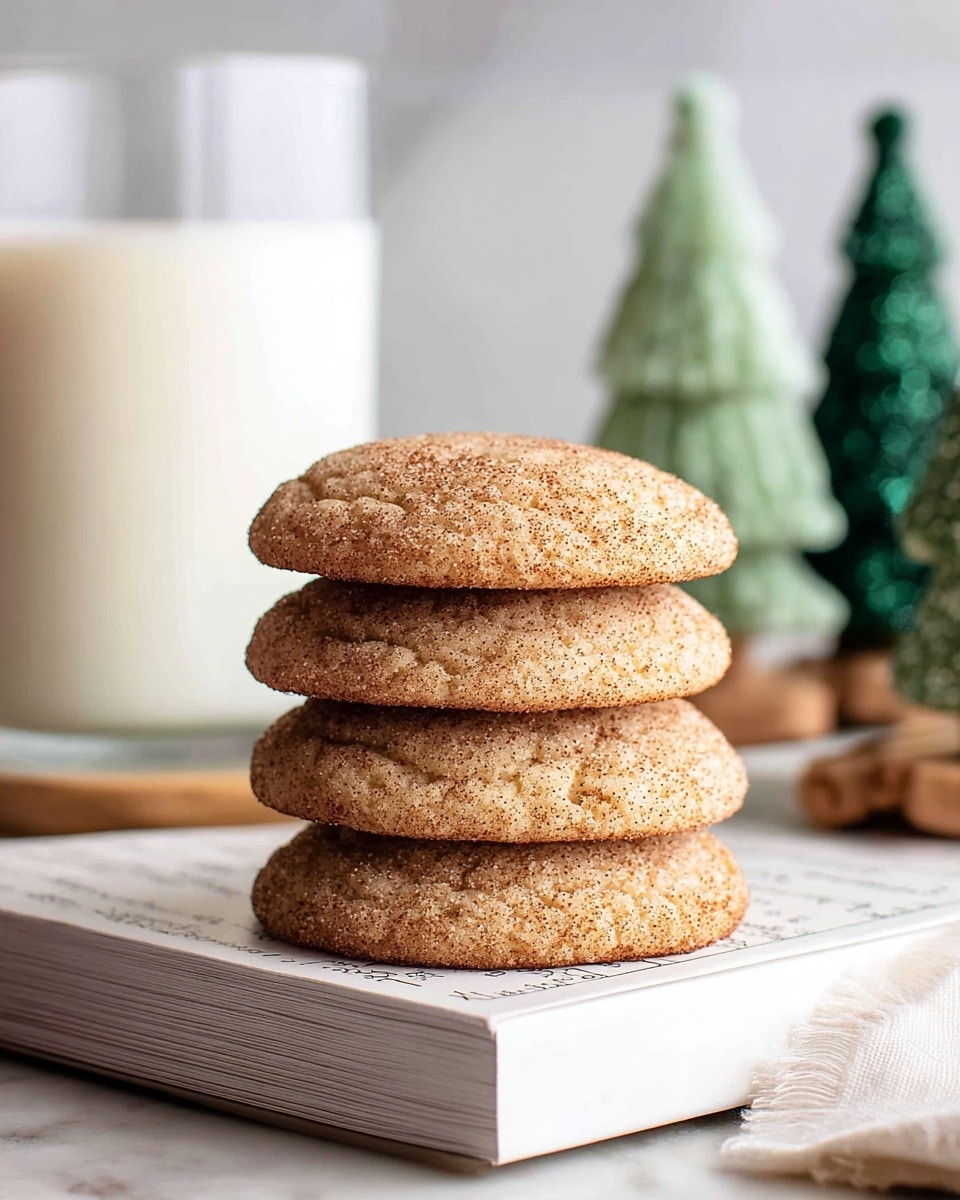 A close-up image of a metal tray lined with a white cloth holding a stack of four round cinnamon cookies, each with a slightly cracked surface showing a light golden brown color with darker cinnamon specks. The top cookie has a bite taken out, revealing a soft, chewy inside with a golden texture. The background is a white marbled surface. The photo taken with an iphone --ar 4:5 --v 7