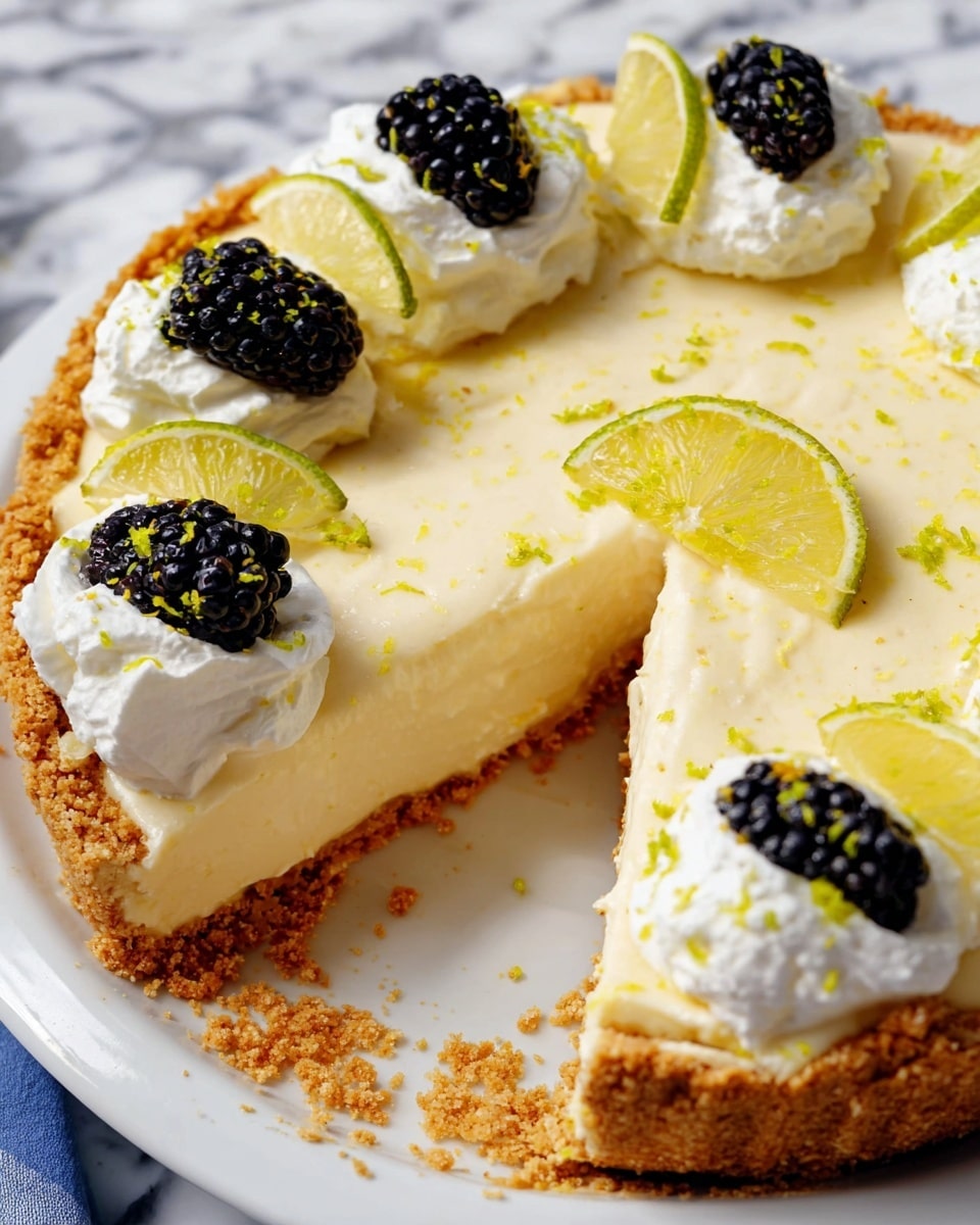 A creamy pie with two visible layers sits on a white plate over a white marbled surface. The bottom layer is a crumbly, golden-brown crust, while the top layer is a smooth, pale yellow filling. The pie is decorated with dollops of white whipped cream around the edge. Each dollop holds a black blackberry and a wedge of lemon or lime. The pie’s surface is sprinkled with bright yellow and green zest, adding small pops of color. One slice has been slightly removed, showing the creamy interior and crumbly base photo taken with an iphone --ar 4:5 --v 7