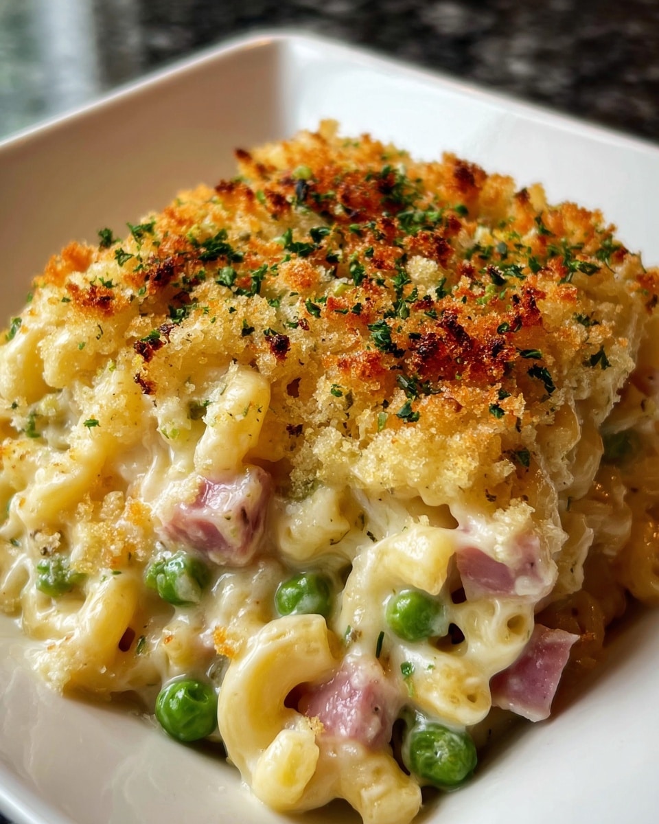 A white square bowl holds a creamy baked macaroni dish with three visible layers. The bottom layer is curved elbow macaroni coated in smooth, light yellow cheese sauce mixed with small, bright green peas and chunks of pink ham. The top layer is a golden-brown baked crumb topping, sprinkled with finely chopped green herbs and small toasted dark spots, adding a crunchy texture. The creamy cheese sauce slightly bubbles up around the edges, making the dish look hot and fresh. Photo taken with an iphone --ar 4:5 --v 7