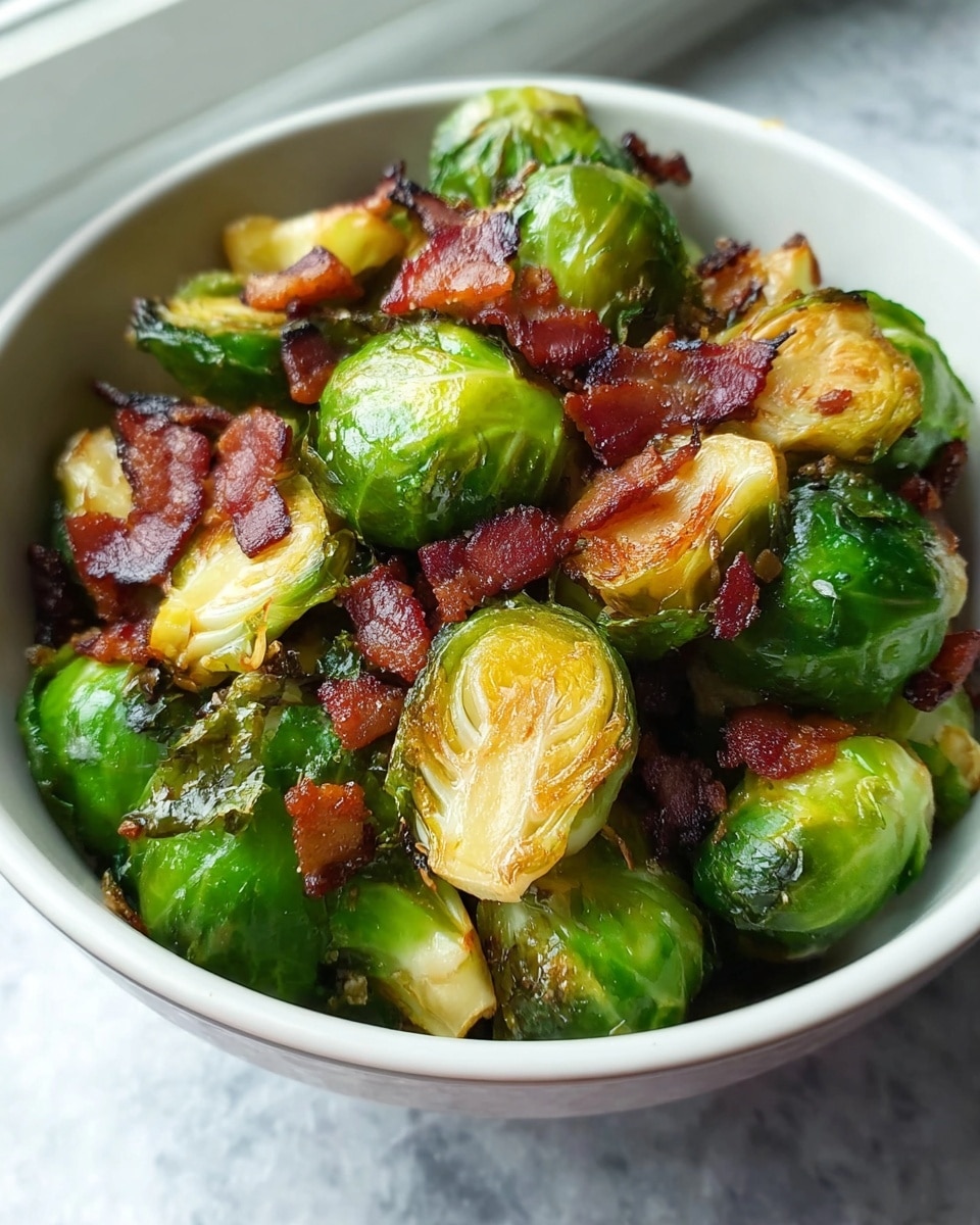 A white bowl filled with cooked Brussels sprouts and crispy bacon pieces. The Brussels sprouts are bright green with some parts golden brown from cooking, showing a slightly shiny and caramelized texture. The bacon pieces are dark reddish-brown, scattered on top and mixed throughout, adding a crunchy contrast. The bowl sits on a white marbled surface with soft natural light coming from behind. photo taken with an iphone --ar 4:5 --v 7