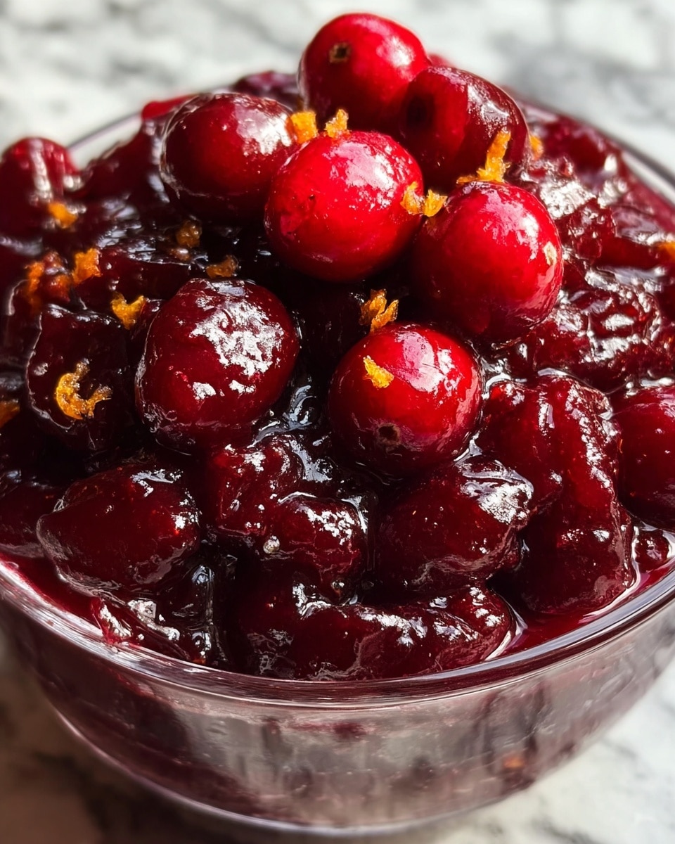 A close-up view of a glass bowl filled with shiny, dark red cranberries coated in a thick, glossy sauce, with some whole cranberries visible on top. The cranberries have a rich texture with small bits of orange peel sprinkled across the surface, adding a bright contrast with their thin, curly strands. The bowl is placed on a white marbled surface that reflects light softly in the background. photo taken with an iphone --ar 4:5 --v 7