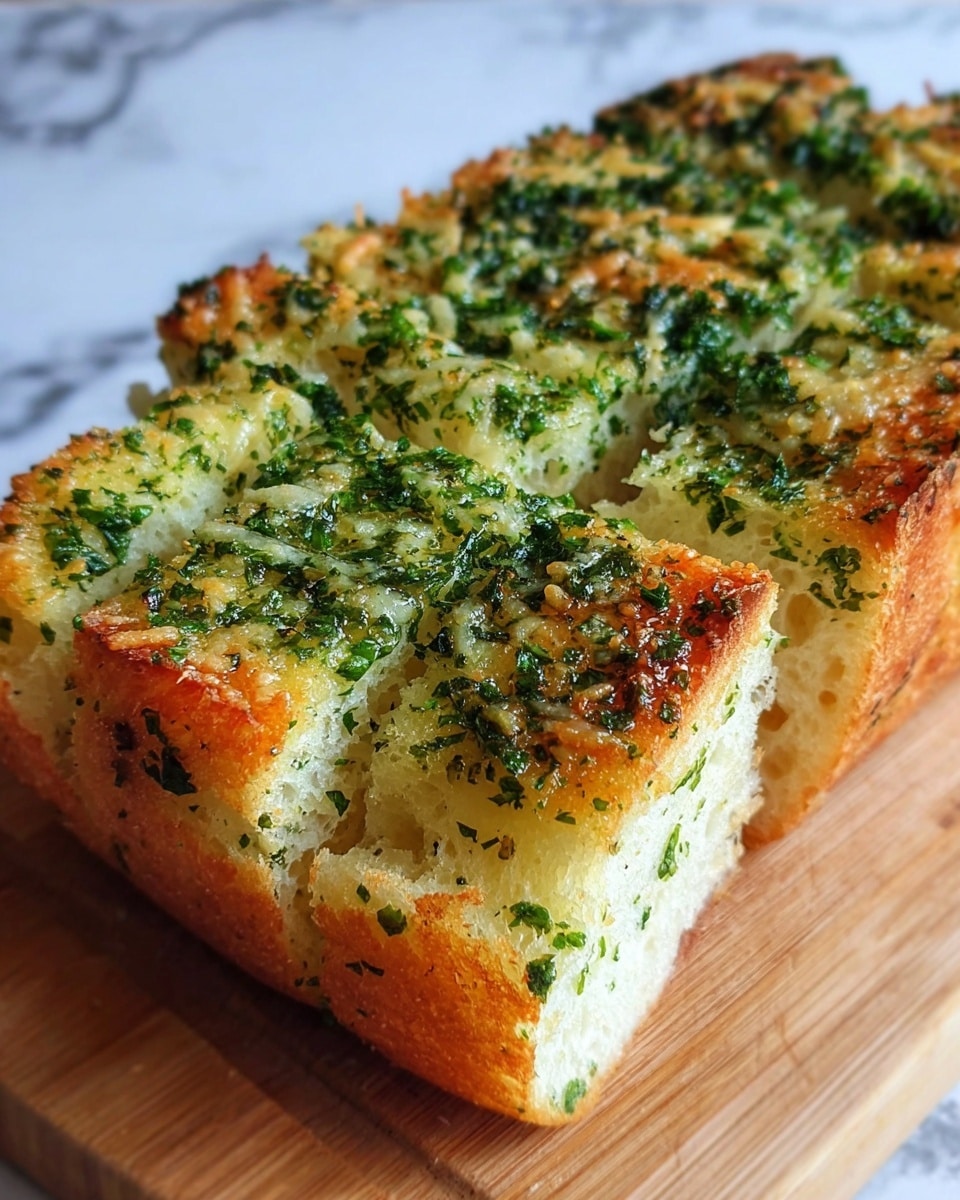 A thick square piece of garlic bread cut into small rectangular slices is shown on a wooden board. It has one layer with a golden brown crust at the bottom and sides with a soft white inside dotted with small holes. The top layer is covered with a green herb mix, likely chopped parsley, and bits of melted golden cheese with crisp edges. The bread rests on a light brown wooden board, and the background shows a white marbled texture partially blurred. Photo taken with an iphone --ar 4:5 --v 7