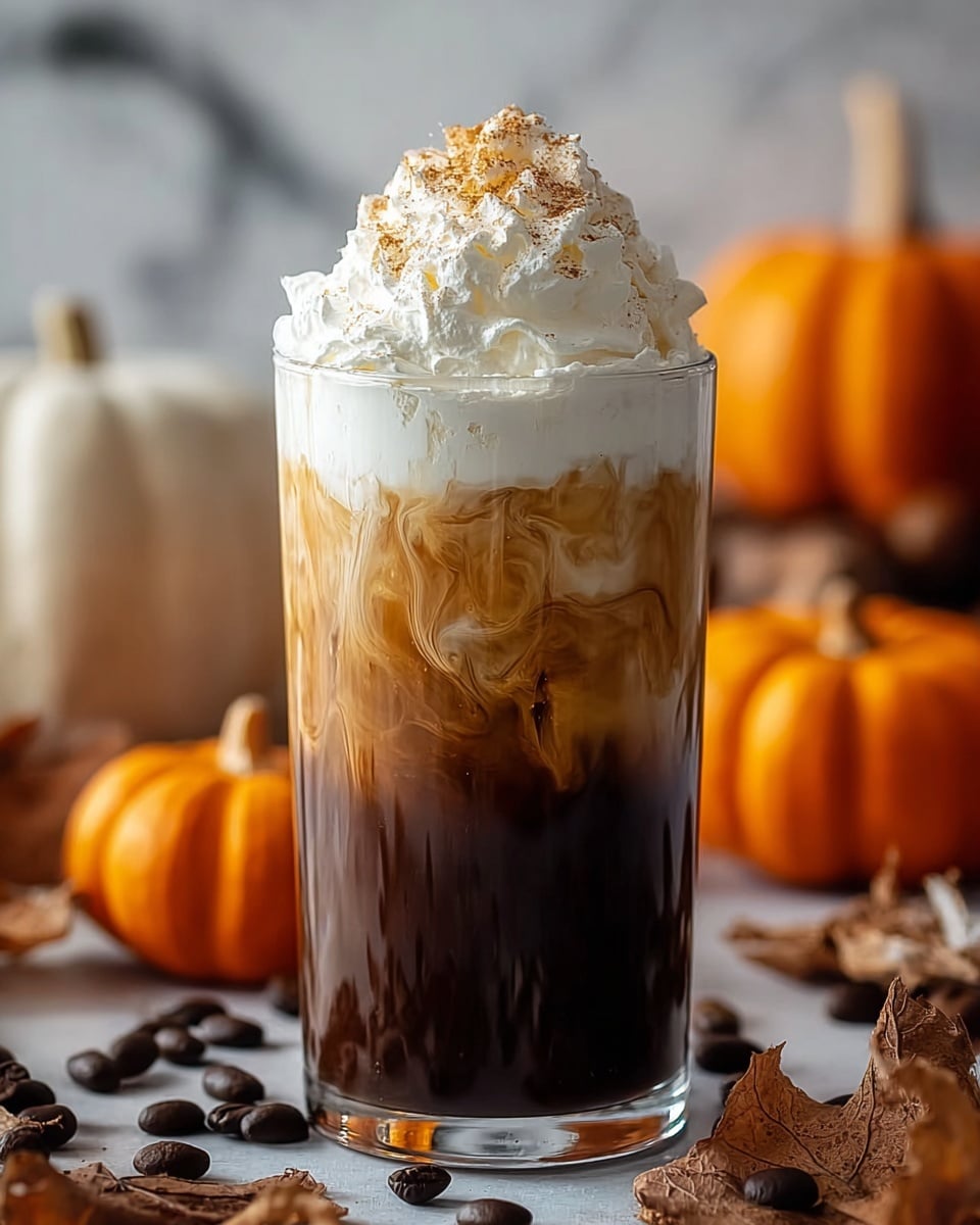 A tall clear glass filled with a dark brown coffee base at the bottom, blending upward into swirling light brown and creamy white layers, topped with a thick layer of white whipped cream sprinkled with a fine dusting of cinnamon or nutmeg. The glass sits on a surface with scattered coffee beans, dried leaves, and coconut pieces, with three small orange pumpkins blurred softly in the background against a white marbled texture. The scene captures a cozy, autumnal feel. photo taken with an iphone --ar 4:5 --v 7