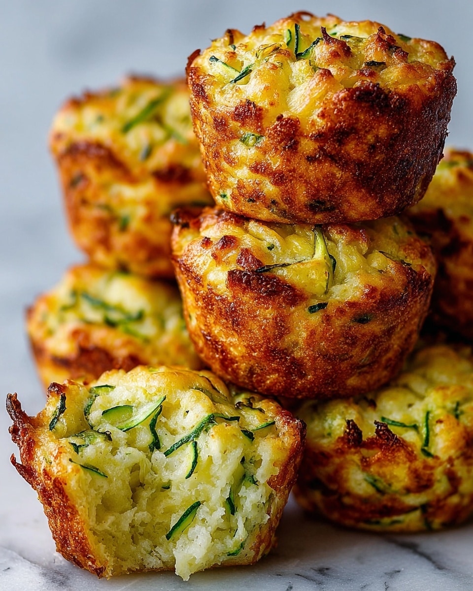 The image shows small baked muffins with a golden-brown crispy outside and a soft, light yellow inside mixed with thin green strips of zucchini. Each muffin has a rough, uneven texture with some darker browned edges on the top and sides, giving a crunchy look. One muffin in front is cut open partially, showing a fluffy and moist interior with visible small pieces of green zucchini throughout. The muffins are stacked partly on top of each other, placed on a surface with a white marbled texture. photo taken with an iphone --ar 4:5 --v 7