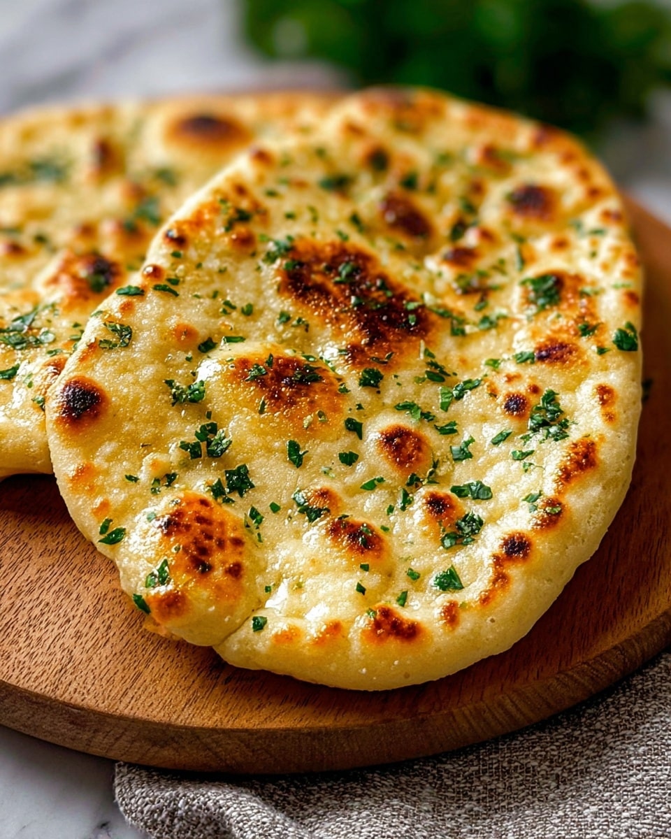 Two pieces of golden brown garlic naan bread, each with a slightly uneven oval shape, speckled with toasted, bubbly spots, and finely chopped green herbs scattered thickly on top. The surface of the naan looks soft and fluffy with visible melted garlic bits embedded in the dough. They are stacked on a round wooden board, with crisp edges and a light, airy texture. The background shows a soft, blurred green ambiance, and the board rests on a textured gray cloth over a white marbled surface. Photo taken with an iphone --ar 4:5 --v 7