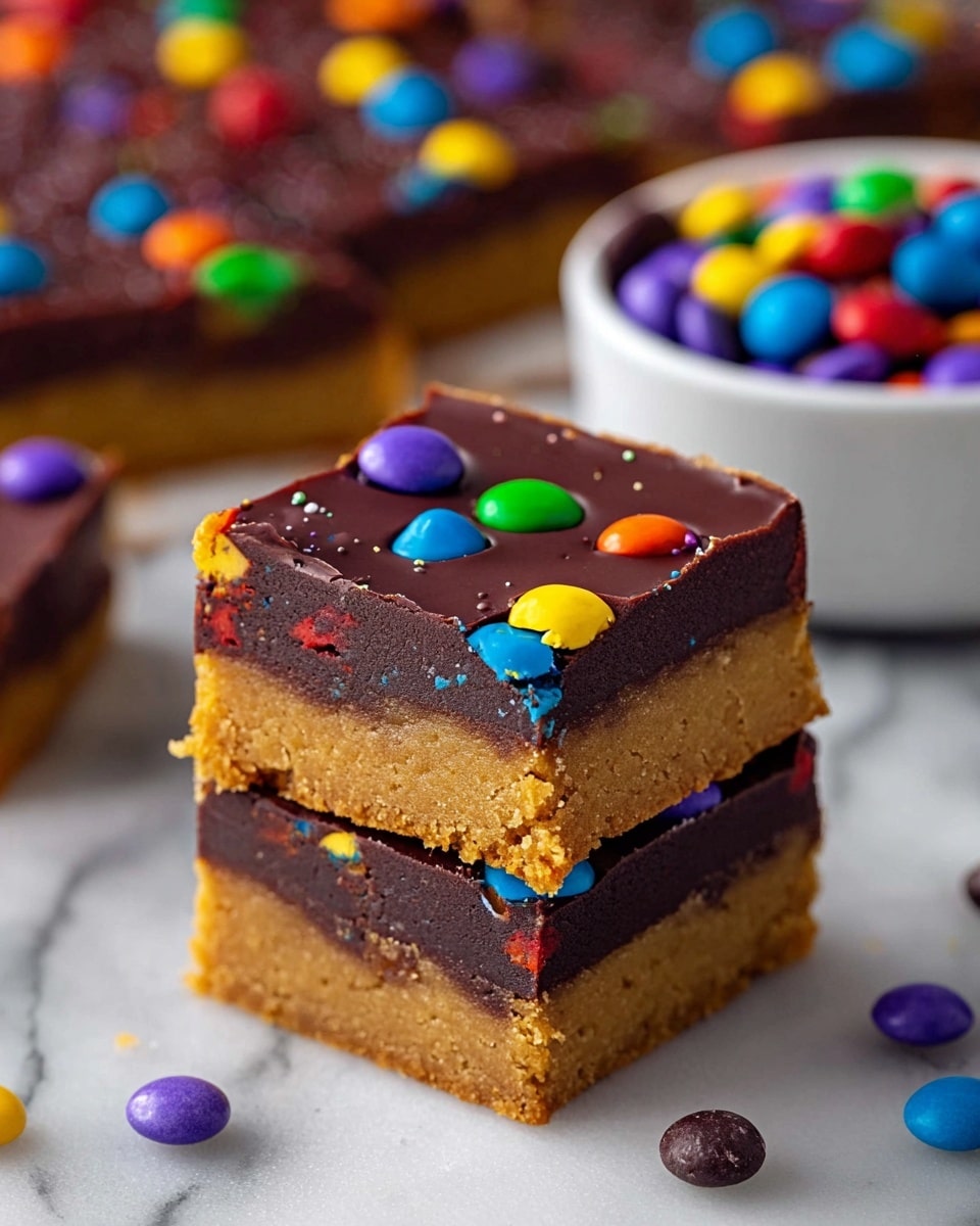 Two square chocolate brownies are stacked on a white marbled surface, each with two thick layers: a dense, darker brown bottom layer and a glossy chocolate top layer covered with colorful candy sprinkles in blue, green, orange, red, purple, and yellow. In the background, more brownies with the same decoration are slightly blurred, and a white bowl filled with rainbow candy sprinkles is visible. The close-up shot emphasizes the rich texture and vibrant colors, photo taken with an iphone --ar 4:5 --v 7