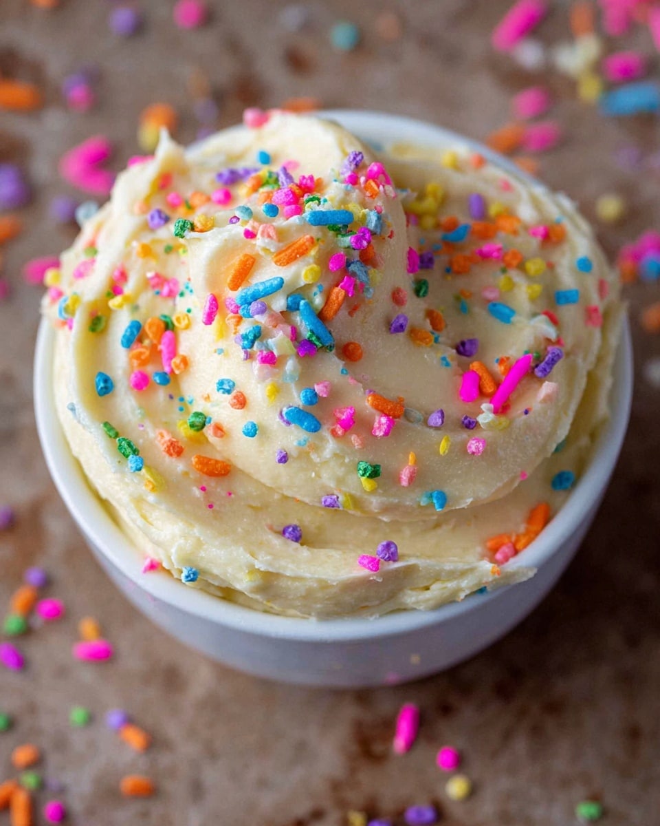 A white bowl filled with a thick, creamy mixture that is off-white with tiny multicolored specks inside, topped with bright, colorful rainbow sprinkles in pink, blue, green, yellow, and orange scattered on the surface and a few falling outside the bowl onto the white marbled texture beneath. The creamy mixture has a soft, slightly uneven texture with swirls and peaks, making it look rich and fluffy. The focus is close-up, showing detailed textures and colors clearly. photo taken with an iphone --ar 4:5 --v 7