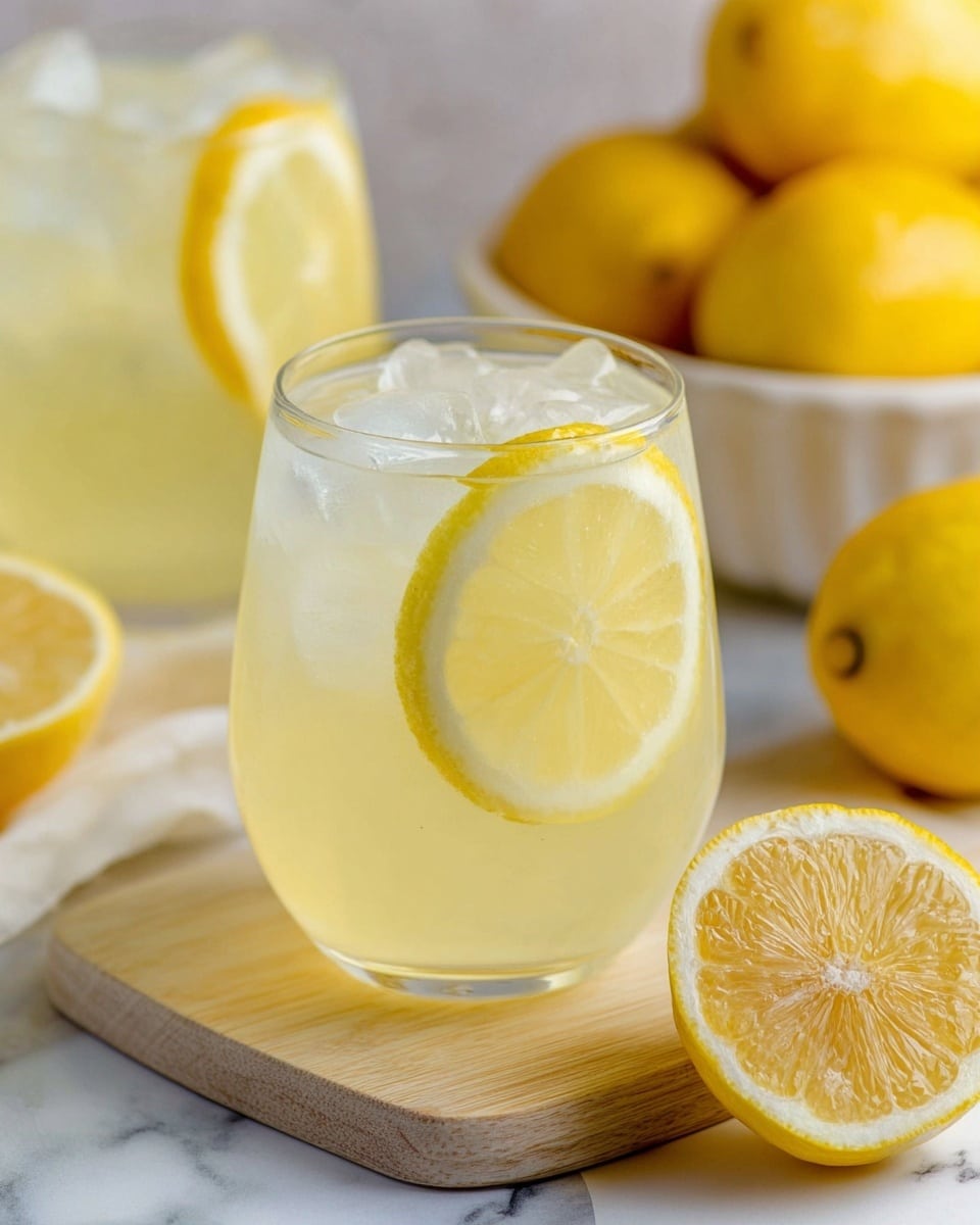 The image shows a clear glass filled with light yellow lemonade and ice cubes, with a thin lemon slice placed inside the glass near the rim. The glass sits on a light wooden board against a white marbled surface. In the front right corner, there is a half-cut lemon showing its textured inside. In the background, another glass with similar lemonade and lemon slice is visible, along with a bowl filled with whole lemons. The overall tones are bright with yellow and white colors. photo taken with an iphone --ar 4:5 --v 7