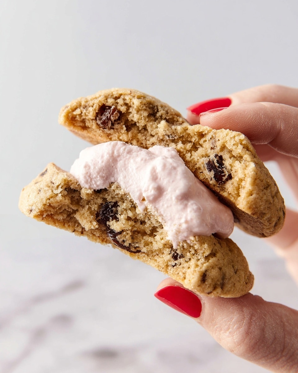 A close-up image showing a soft, light brown cookie broken in half, held by a woman's hand with red nail polish. The cookie has visible dark brown raisins embedded inside an airy, spongy texture. One half of the cookie is topped with a dollop of smooth, pale pink cream. The background is a white marbled texture. photo taken with an iphone --ar 4:5 --v 7