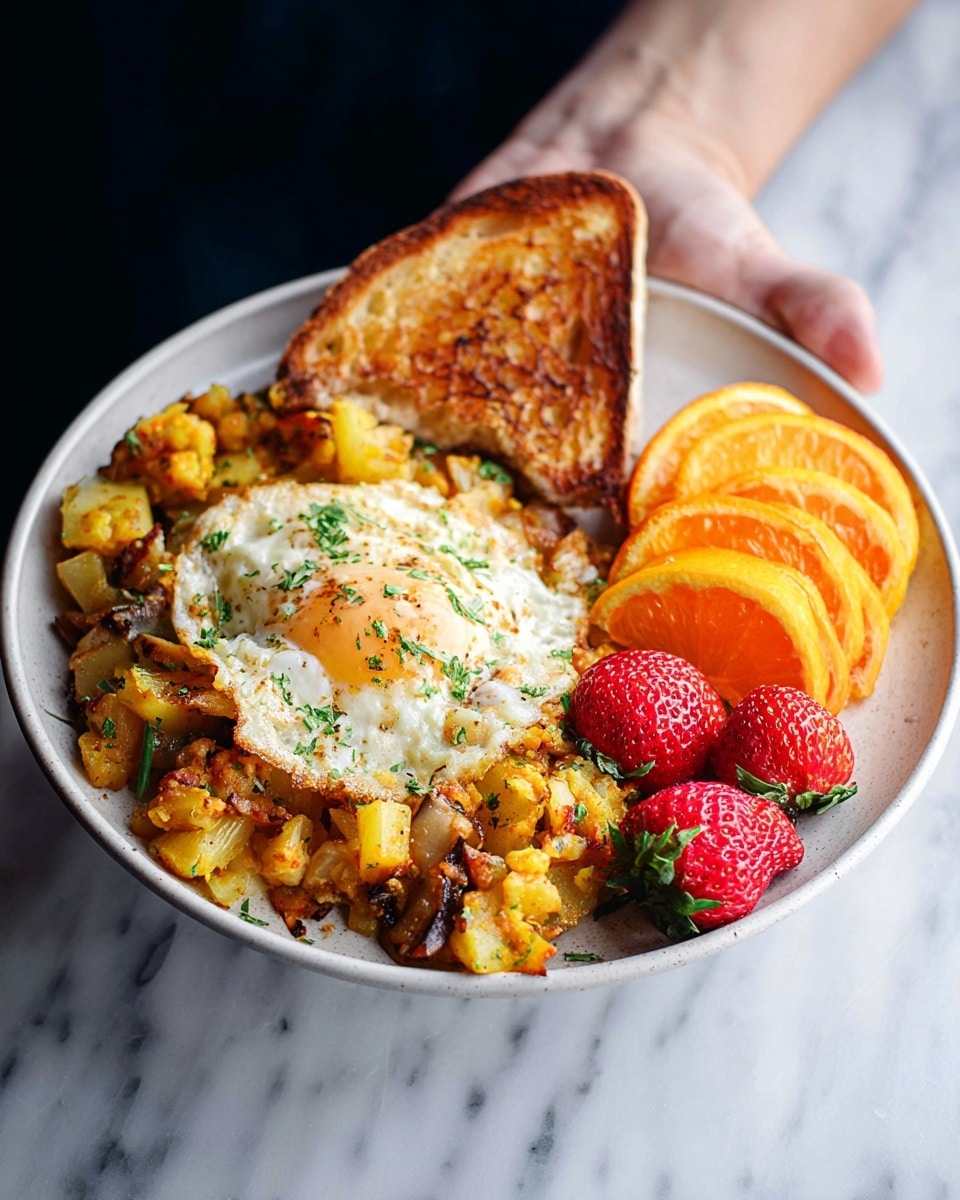 A white plate holds a breakfast with four main parts: on the left is a chunky yellow-orange hash with visible pieces of browned potatoes and herbs sprinkled on top, middle top has a sunny-side-up egg with a soft, yellow yolk and slightly crispy edges, behind the egg is a piece of toasted bread with a golden-brown surface, and on the right are two bright orange slices and three fresh, red strawberries with green tops. The plate is being held by a woman's hand, with a white marbled surface below. photo taken with an iphone --ar 4:5 --v 7