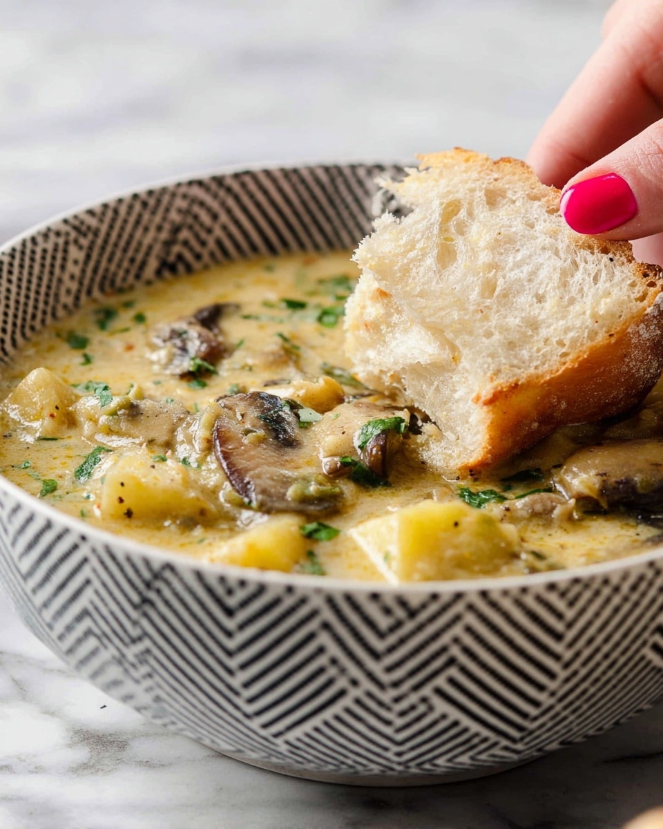 A close-up of a white bowl with a black checkered pattern filled with creamy soup showing chunks of yellow potatoes, slices of brown mushrooms, and green herbs sprinkled on top, giving a textured, chunky look. A woman's hand with red nail polish is dipping a piece of crusty, light golden brown bread with a soft, airy inside into the soup. The bowl is placed on a white marbled surface. photo taken with an iphone --ar 4:5 --v 7