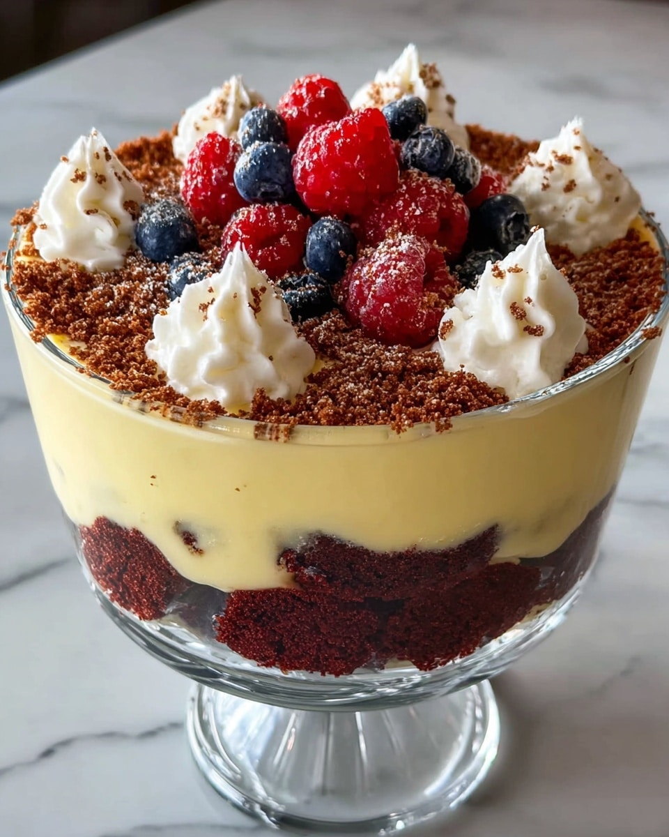 This dessert has three main visible layers inside a clear glass bowl: the bottom layer is a dark red cake crumb, the middle layer is a thick, creamy pale yellow custard, and the top layer is another dark red cake crumb covered by the same creamy custard. On top, there are several dollops of white whipped cream spaced around the edges, and scattered between them are fresh raspberries and blueberries. Fine brown crumb sprinkles cover the top, giving it a textured look. The bowl sits on a white marbled surface. Photo taken with an iphone --ar 4:5 --v 7