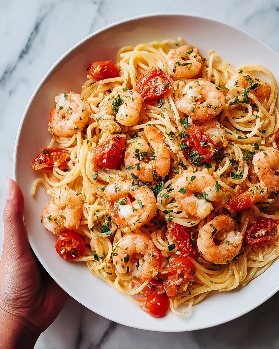 A white plate holds a dish of spaghetti pasta mixed with cooked shrimp and cherry tomato halves. The spaghetti is light golden and twisted loosely across the plate, while the shrimp are plump with a pinkish-orange tint and scattered evenly on top and within the pasta. The cherry tomatoes are soft, bright red, and cut into halves, adding spots of color among the noodles. Small green herbs are sprinkled over the entire dish, giving it a fresh look. The plate is held by a woman's hand on the left side against a white marbled background. photo taken with an iphone --ar 4:5 --v 7