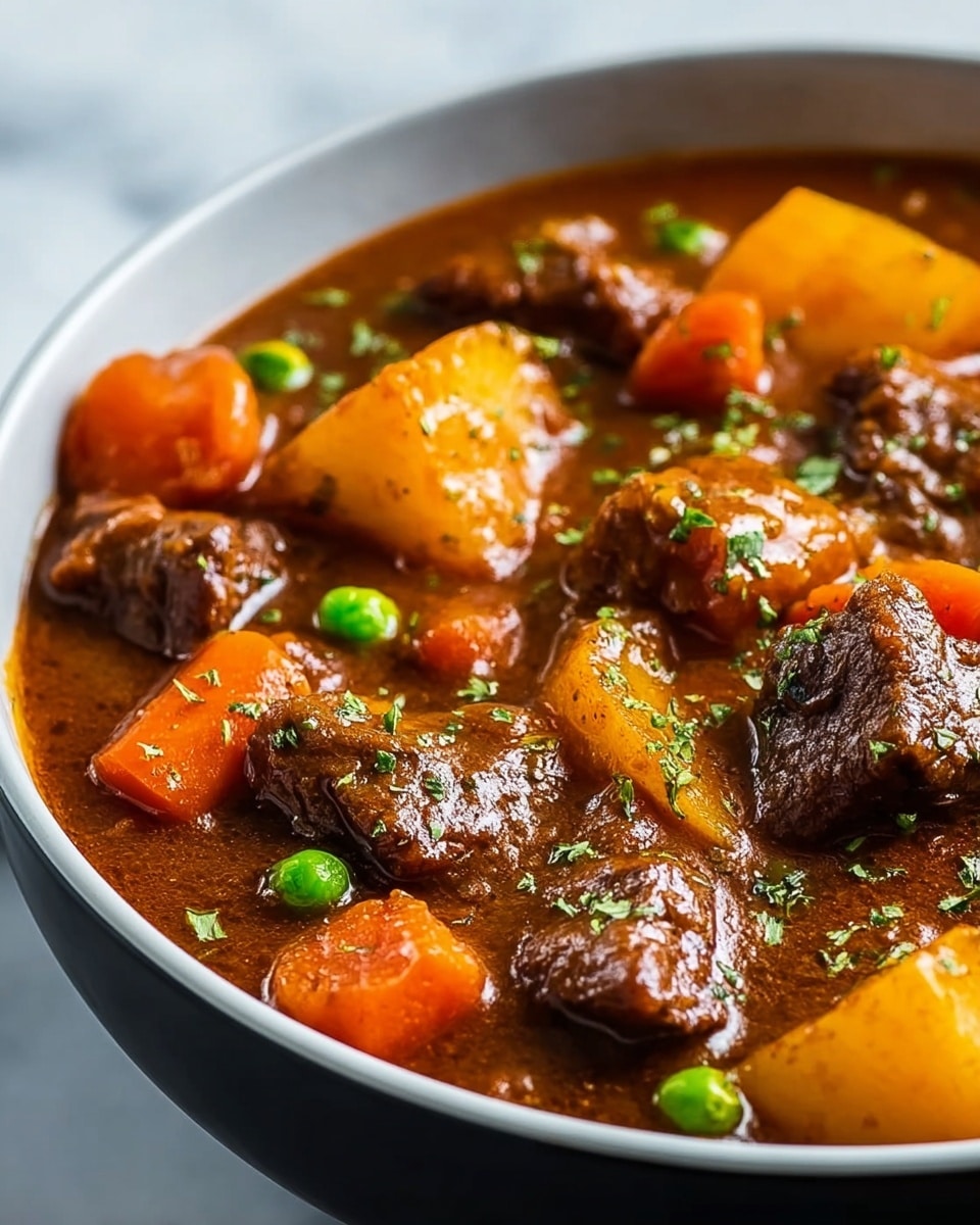 A close-up view of a rich beef stew in a white bowl, showing several layers of thick brown gravy filled with tender dark brown beef chunks scattered evenly throughout. Bright orange carrot pieces and soft yellow potato chunks are mixed in, along with a few bright green peas adding a pop of color. The stew is garnished with small bits of green herbs sprinkled on top, giving the dish a fresh look. The bowl rests on a smooth white marbled surface. photo taken with an iphone --ar 4:5 --v 7