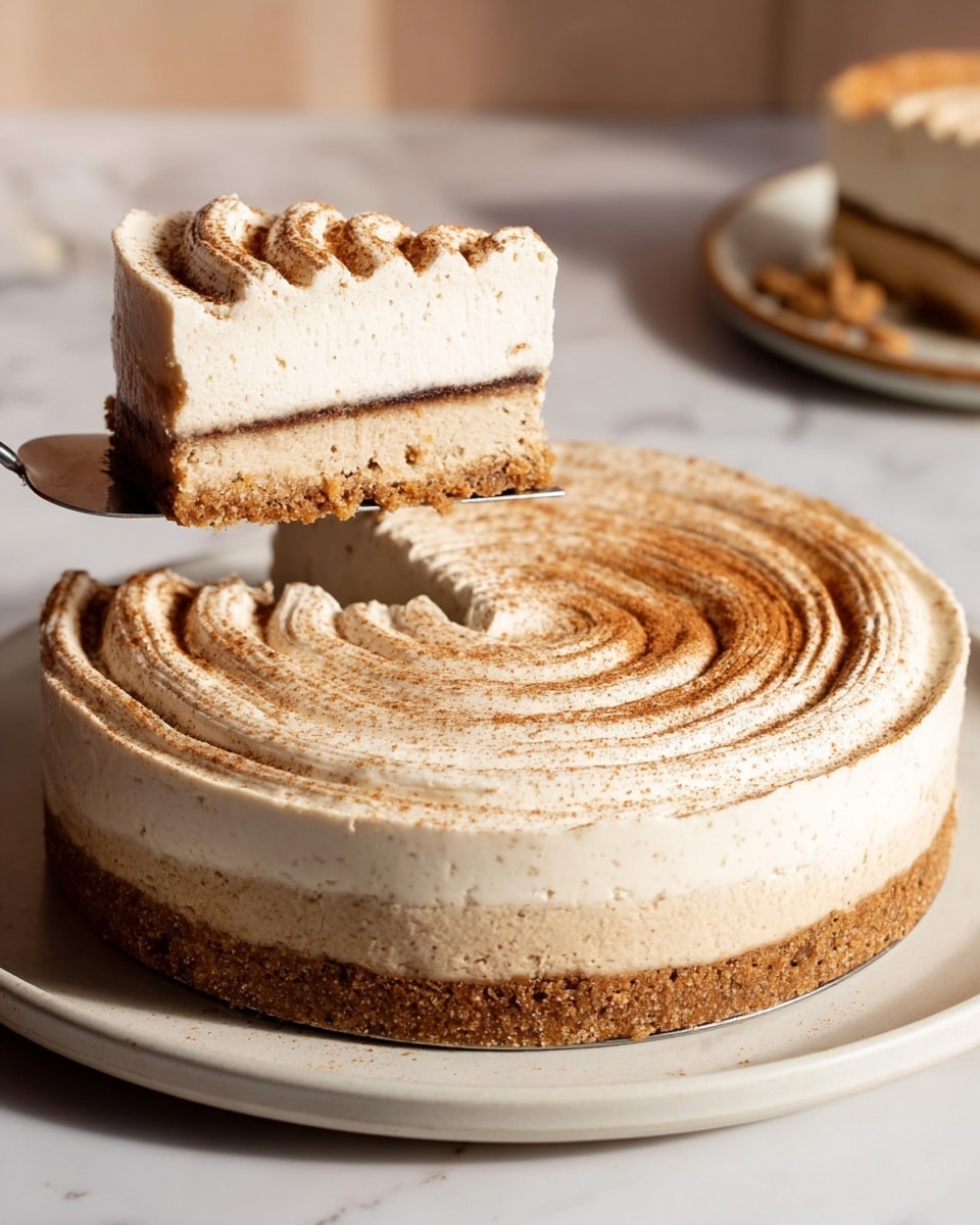 A round cheesecake with three main layers sits on a white plate. The bottom layer is a thick, crumbly brown crust. Above it is a light beige creamy layer with a thin dark brown line of filling near the middle. On top is another thicker creamy layer, white and smooth with soft peaks and a dusting of light brown powder, likely cinnamon, that swirls around the top surface. A slice is lifted by a spatula, showing clean, even layers and rich texture. The whole scene is set on a white marbled surface with soft, warm lighting. photo taken with an iphone --ar 4:5 --v 7