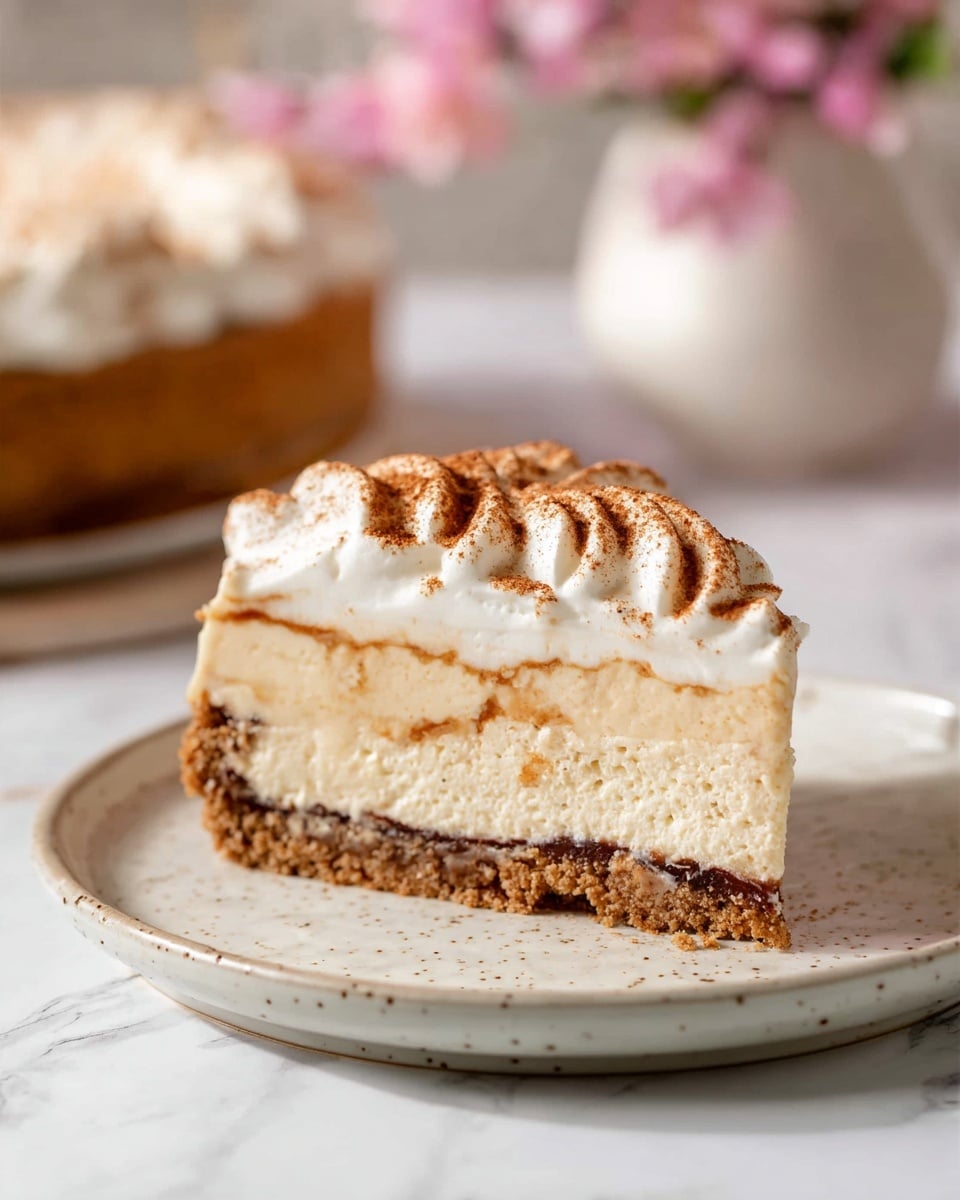A slice of creamy layered pie sits on a simple white plate with a light speckled pattern. The bottom layer is a thick, crumbly brown crust, followed by a smooth beige custard layer. Above this is a thin, darker brown layer with a slightly sticky texture that looks like caramel or syrup. Another thick beige custard layer sits on top, finished with a wavy layer of white whipped cream dusted with light brown cinnamon powder. The background shows a blurred whole pie and soft pink flowers in a white vase, all on a white marbled surface. Photo taken with an iphone --ar 4:5 --v 7