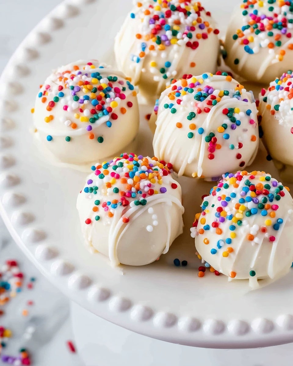 Small round cake balls each covered with a smooth white frosting layer and topped with small, round, colorful sprinkles in red, blue, green, yellow, orange, white, and purple. The cake balls are closely placed together on a white plate featuring a decorative edge with small raised dots and lines. Some sprinkles are scattered loosely around the cake balls on the plate. The background is a white marbled texture. Photo taken with an iphone --ar 4:5 --v 7