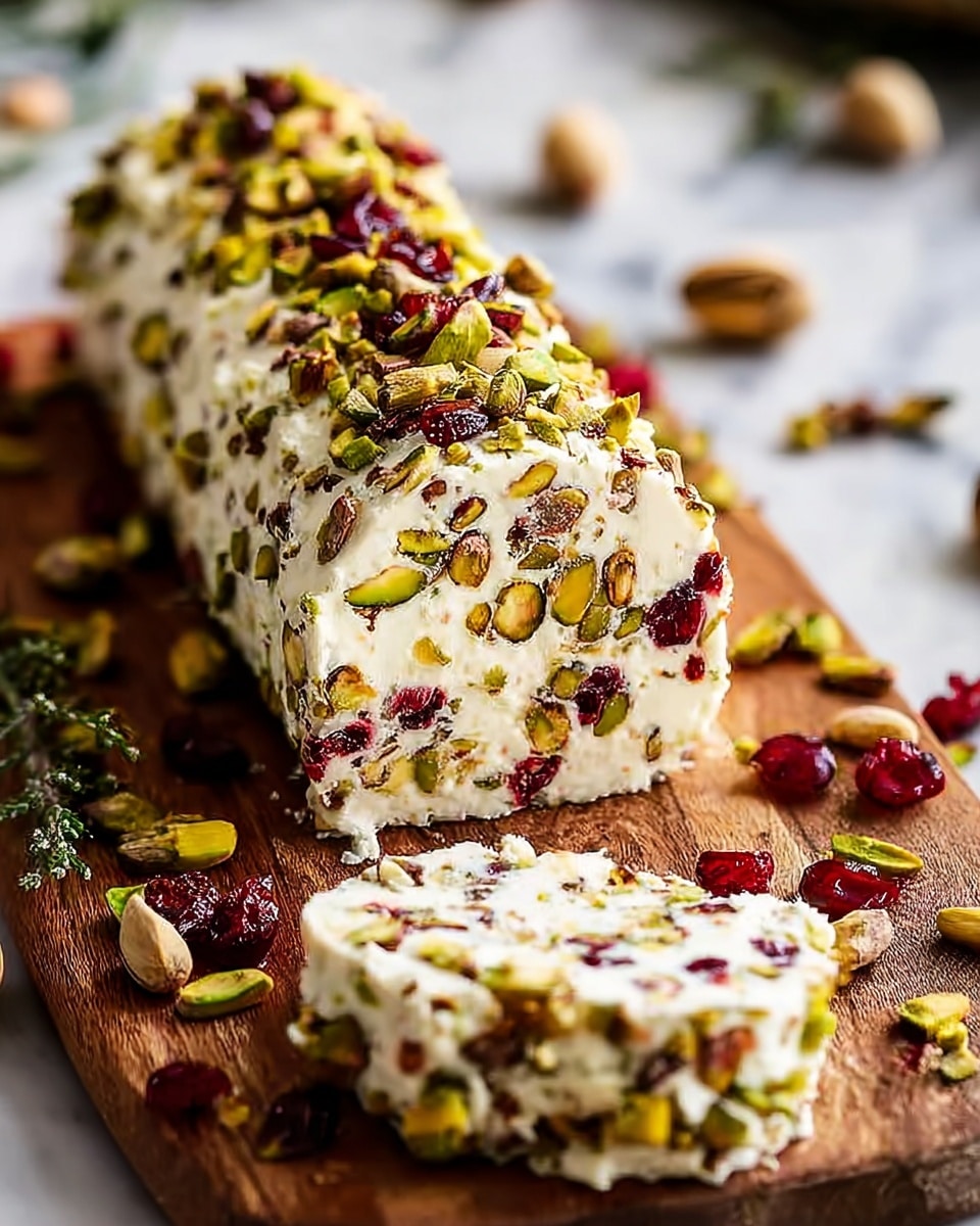 A thick log-shaped cheese coated with a mix of whole and chopped green pistachios and bits of red cranberries, showing a creamy white cheese base with pistachios and cranberries scattered throughout inside. The cheese log is placed on a wooden board with scattered pistachios and cranberries around it. The surface beneath is a white marbled texture. The cheese has a rough texture with visible nuts and fruit. Photo taken with an iphone --ar 4:5 --v 7