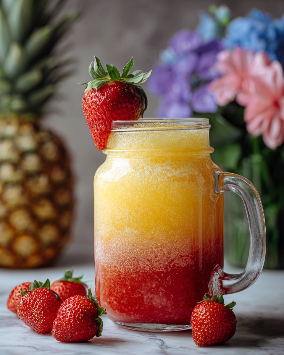 A clear glass jar with a handle holds a two-layered drink placed on a small wooden board. The bottom layer is red with a slightly frothy texture, and the top layer is bright yellow with a smooth, foamy surface. A ripe red strawberry is perched on the rim of the jar, and several other strawberries are scattered on the board around the jar. In the background, there is a blurred pineapple and soft pastel-colored flowers. The scene is set on a white marbled surface. photo taken with an iphone --ar 4:5 --v 7