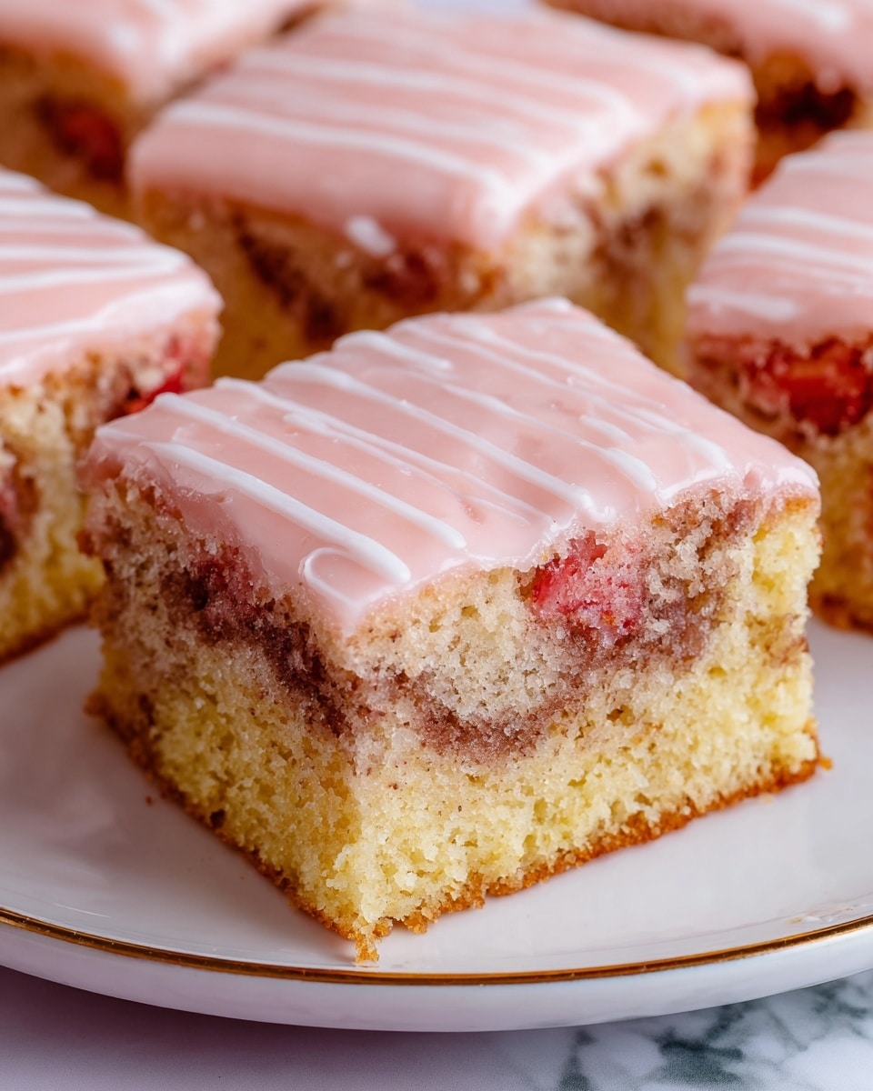 A close-up of a square piece of cake with three visible layers on a white plate; the bottom and top layers are light yellow and soft, the middle layer is a mixed swirled pattern in shades of pink and brown with small red fruit pieces embedded; the top is covered with a glossy light pink icing that has subtle white stripes running across it; in the background, there are more pieces of the same cake on a white marbled surface. photo taken with an iphone --ar 4:5 --v 7