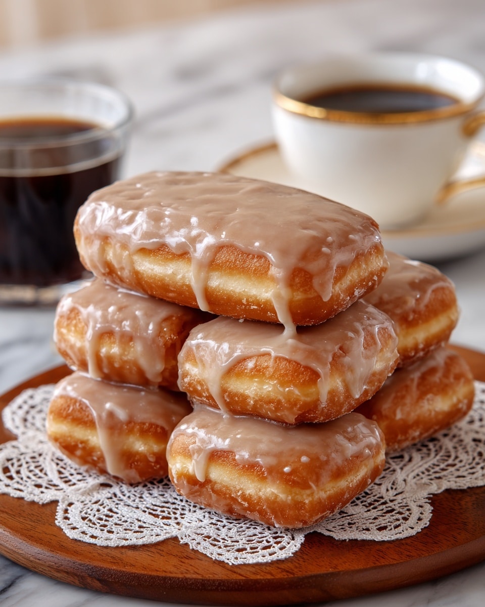The image shows three rectangular glazed doughnuts stacked on a wooden board covered with a white lace doily. Each doughnut has a golden-brown fried base with a thick, glossy light brown glaze covering the top and dripping slightly over the sides. The top doughnut is placed horizontally on two doughnuts below, forming a small pyramid shape. In the background, there is a white cup with gold trim filled with dark coffee on a saucer, and a glass mug with black coffee, all placed on a white marbled surface. photo taken with an iphone --ar 4:5 --v 7