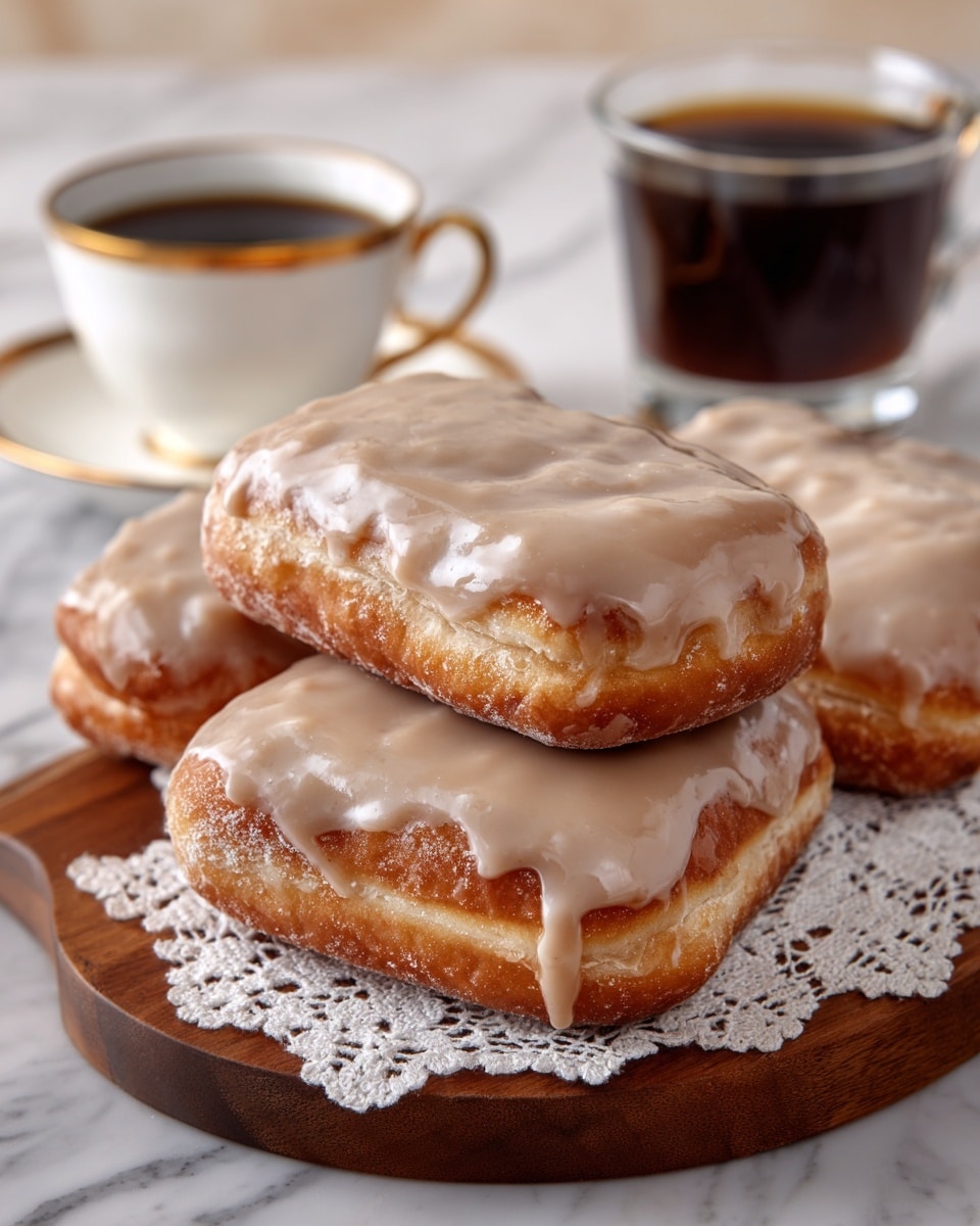 The image shows a stack of four rectangular donuts with a shiny light brown glaze dripping slightly down the sides. The donuts have a golden brown fried outside with a soft, fluffy, light interior visible in the top donut. They are placed on a white lace doily that sits on a wooden board. In the background, there is a clear glass cup filled with black coffee and a white cup with gold trim on a matching saucer, all on a white marbled surface. The photo taken with an iphone --ar 4:5 --v 7