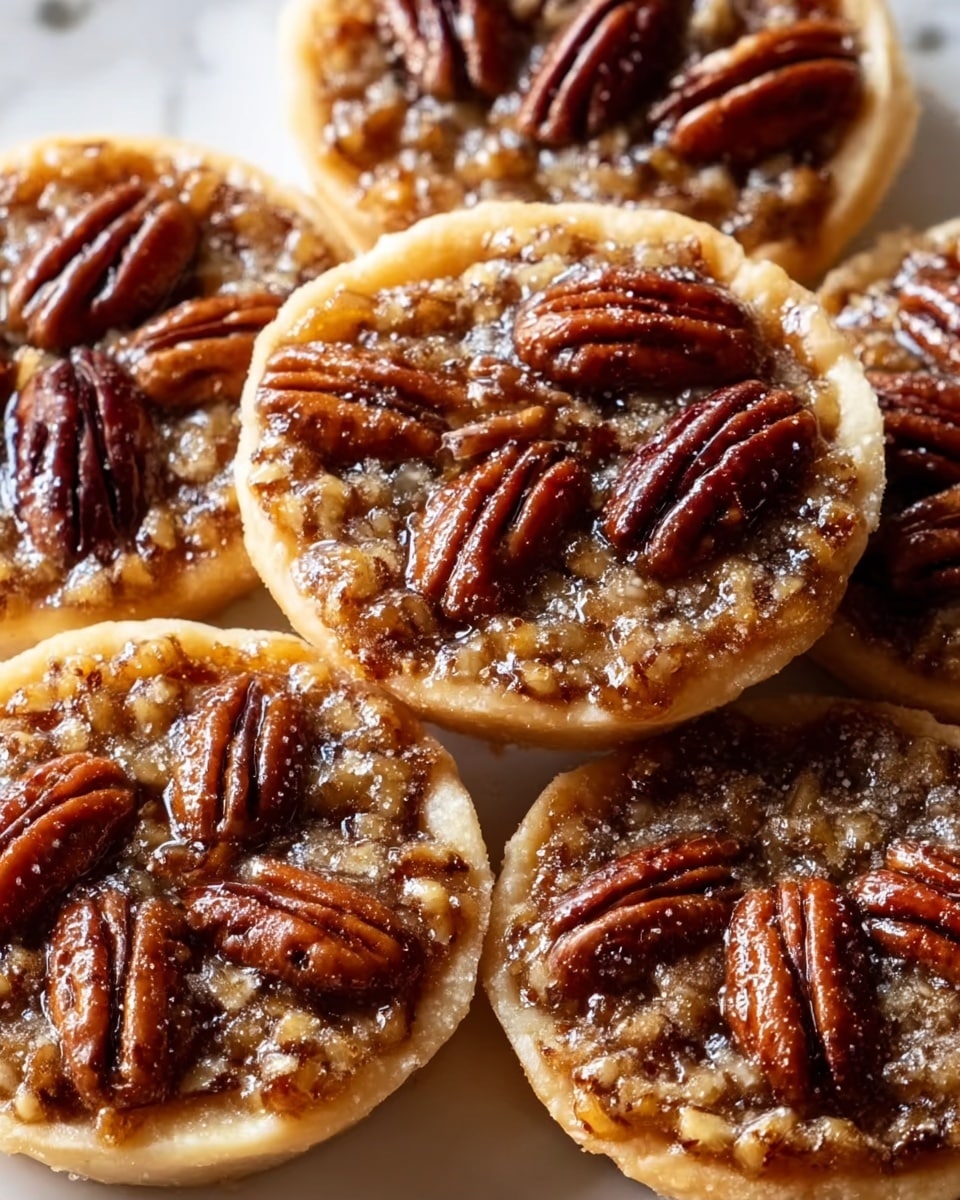 The image shows several small pecan tarts arranged closely together on a white marbled surface. Each tart has three to four whole pecan halves placed neatly on top of a glossy, golden brown filling that looks sticky and textured, likely made of syrup and chopped nuts. The crusts are light golden and flaky, forming a thick circle around the filling. There is a dusting of fine white sugar or powdered sugar on the tarts, adding a slight sparkle to the surface. The tarts' tops have a rough, bumpy texture from the nuts and syrup mixture, contrasting with the smooth, shiny pecan halves. photo taken with an iphone --ar 4:5 --v 7