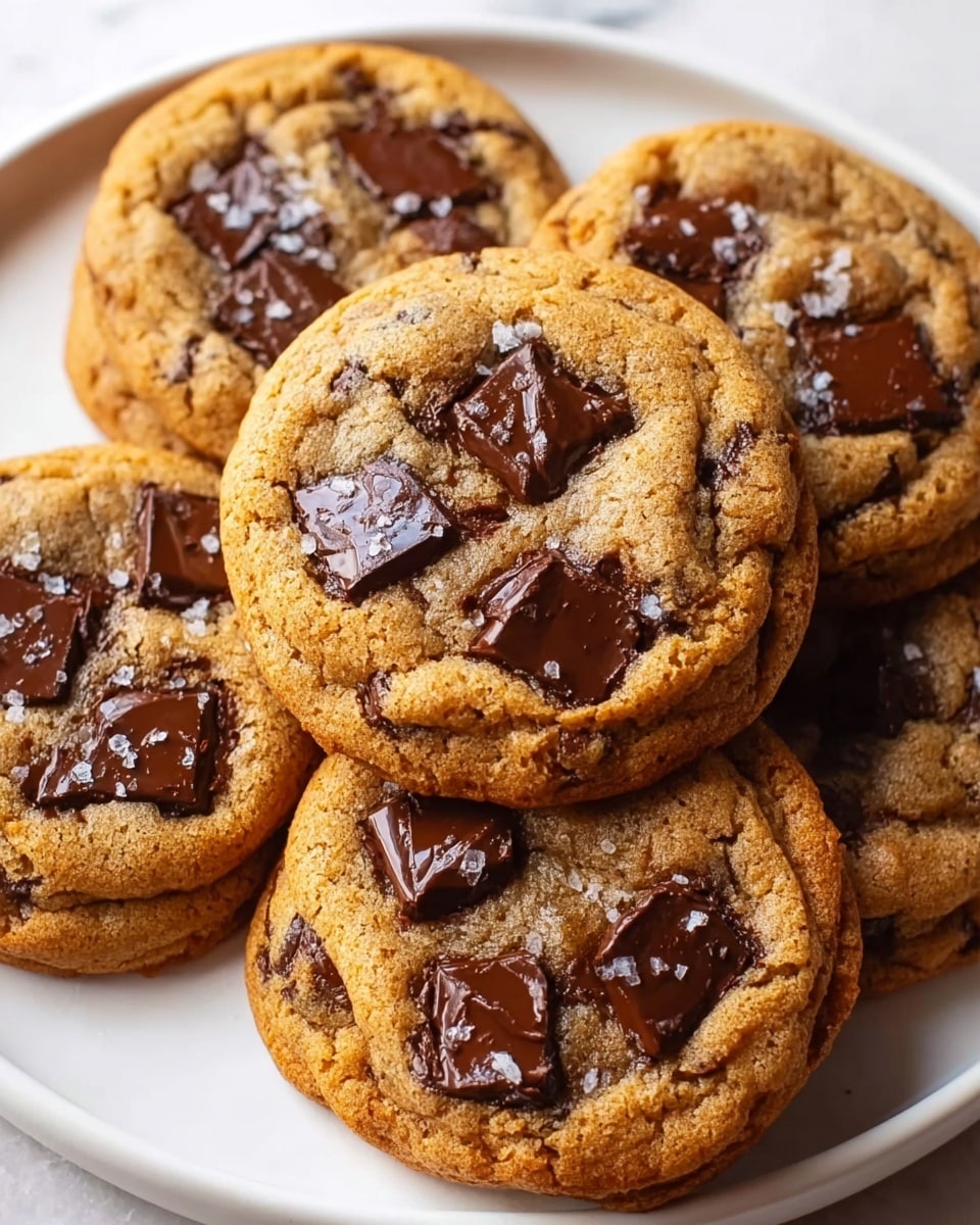 A close-up view shows a group of soft, golden brown cookies stacked together, each topped with shiny, chunky dark chocolate pieces scattered unevenly across the surface. The cookie dough looks moist and slightly cracked, revealing a chewy texture, while small flakes of sea salt are sprinkled lightly on top, adding a subtle contrast. The edges are slightly crisp with the center looking soft and gooey. They rest on a white plate placed against a white marbled surface. photo taken with an iphone --ar 4:5 --v 7