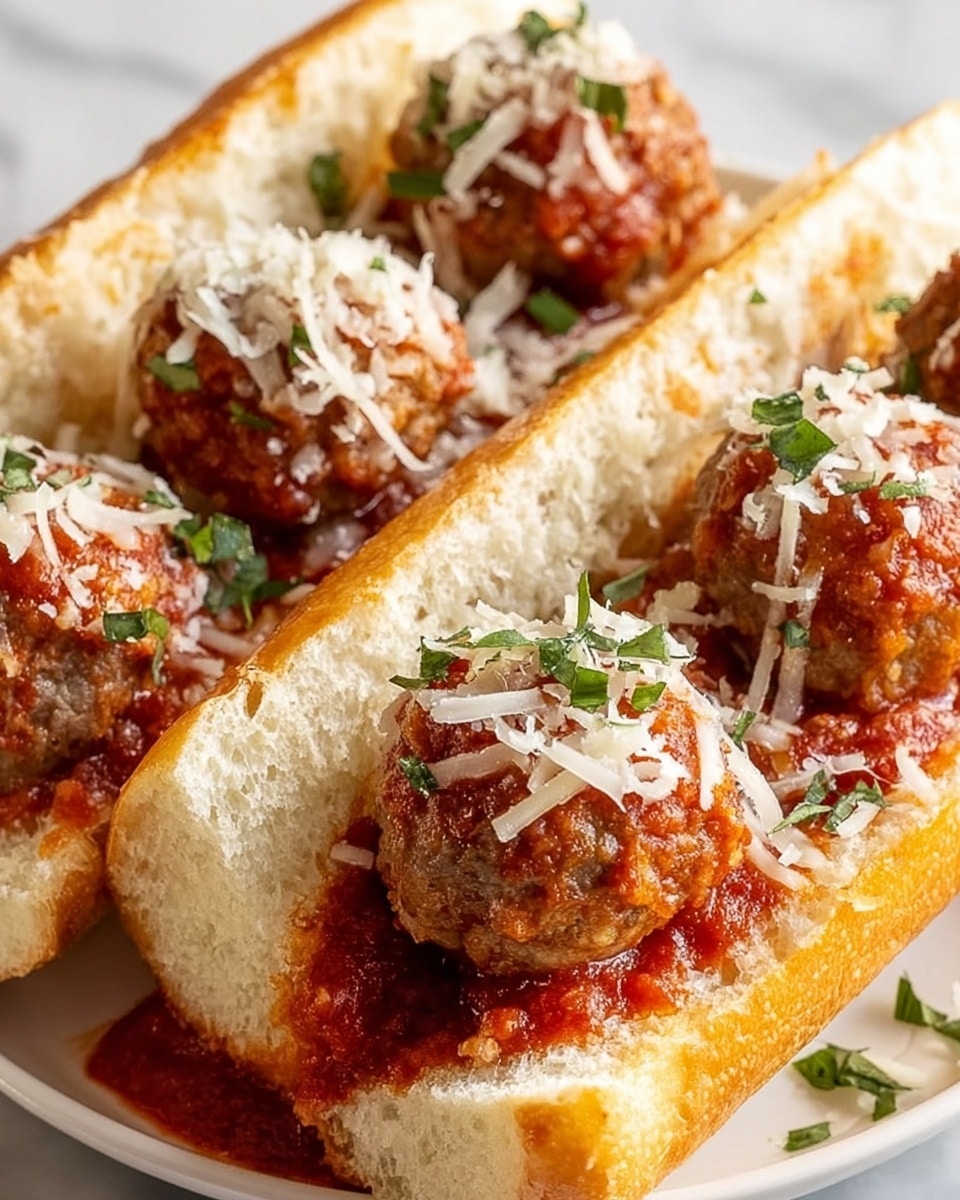 The image shows a close-up of a white soft hoagie bun sliced open and filled with five round, brown meatballs coated in red tomato sauce. The meatballs sit evenly spaced on top of the sauce inside the bun, which appears fluffy and airy. On top of each meatball are thin white shreds of cheese and small green chopped herbs scattered around, adding texture and a pop of color. The dish is placed on a white plate, all set against a white marbled surface. Photo taken with an iphone --ar 4:5 --v 7
