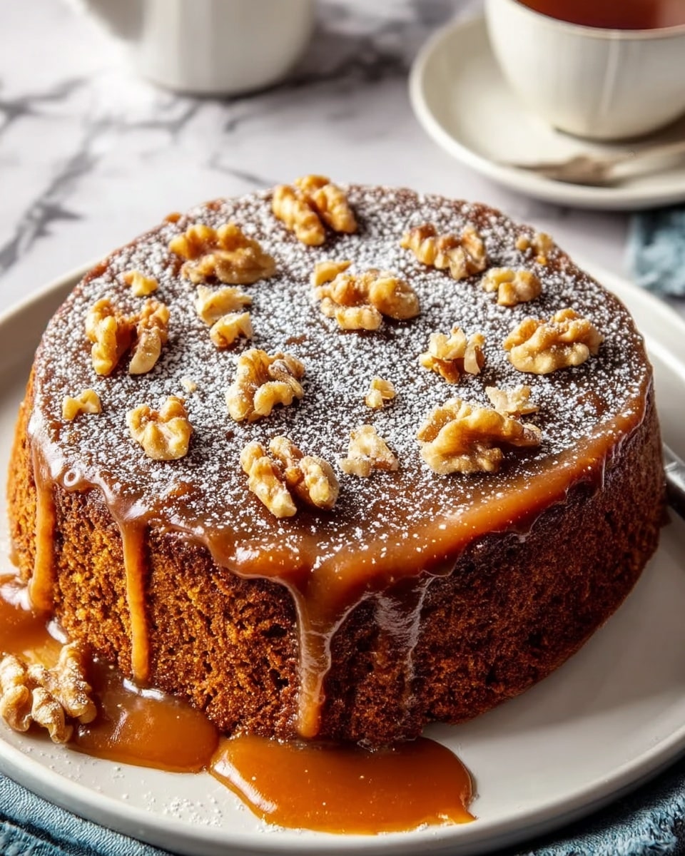 This image shows a single-layer round cake with a rich brown color and a slightly rough texture. The top is covered with a smooth, glossy layer of caramel sauce, sprinkled with powdered sugar, and decorated evenly with large walnut pieces. Some walnuts and caramel sauce have spilled onto the white plate underneath. The cake sits on a white marbled surface with a cup and saucer in the background. Photo taken with an iphone --ar 4:5 --v 7