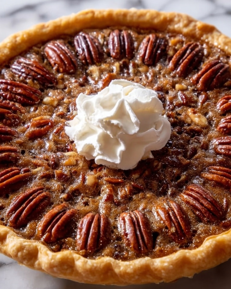 The image shows a pecan pie with a golden-brown crust forming the base layer, holding a rich brown filling mixed with chopped nuts. On top of the filling, there is a neat circle of whole, shiny pecans arranged closely together, covering the entire surface. In the center of the pie, there is a dollop of white whipped cream that looks soft and fluffy. The pie sits on a surface with a white marbled texture. photo taken with an iphone --ar 4:5 --v 7