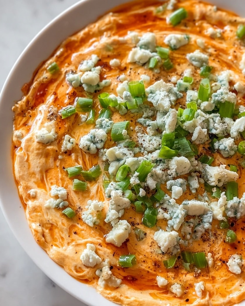 The image shows a close-up of a creamy dip served in a white bowl on a white marbled surface. The dip has a smooth, rich orange base mixed with swirls of lighter orange and white, suggesting a cheesy or spicy sauce. On top, there are crumbles of blue cheese, white with spots of blue mold, scattered mainly in the center. Bright green chopped scallions are spread over the dip, adding fresh color and texture contrast. Tiny flecks of black pepper or seasoning are also visible throughout. The overall appearance is thick, creamy, and inviting. photo taken with an iphone --ar 4:5 --v 7
