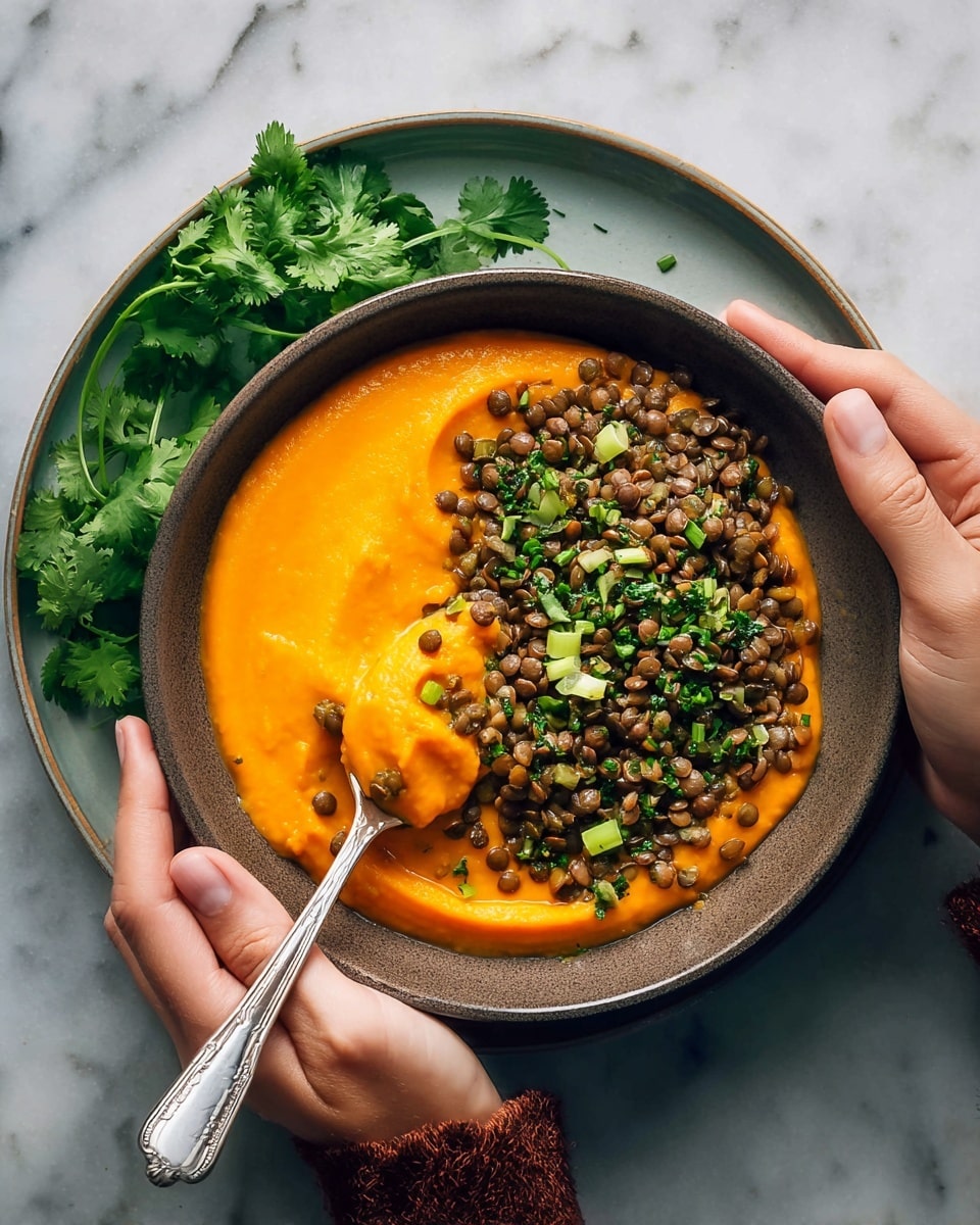 A bowl with two layers sits on a white marbled surface. One half of the bowl holds a thick smooth bright orange puree with a creamy texture. The other half is filled with cooked green lentils topped with small pieces of chopped green herbs and green onion slices, adding freshness and a bit of crunchy texture. A woman's hand holds the bowl while another woman's hand uses a silver spoon to scoop some of the orange puree. The bowl is resting on a white plate with some fresh green cilantro on the side. Photo taken with an iphone --ar 4:5 --v 7