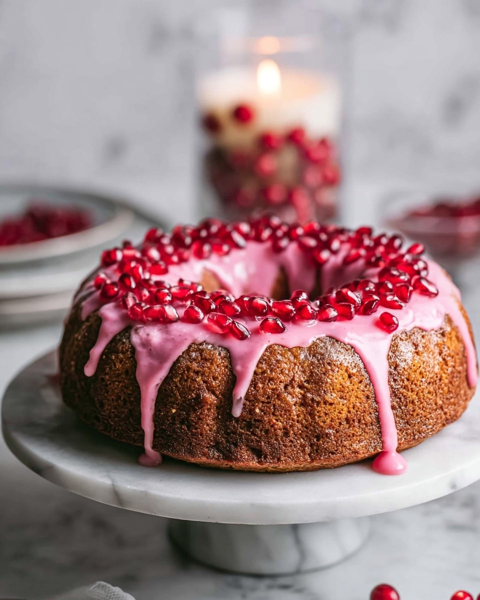 The image shows a round bundt cake with a rough, brown textured crust on the outside. The cake has a bright pink glaze that smoothly covers the top and drips down the sides in thick streams. On top of the glaze, there is a neat ring of shiny red pomegranate seeds placed in the center hole of the cake. The cake sits on a white marble cake stand, and in the background, there is a glass container holding a lit white candle surrounded by red berries, with the whole scene set against a white marbled texture. photo taken with an iphone --ar 4:5 --v 7